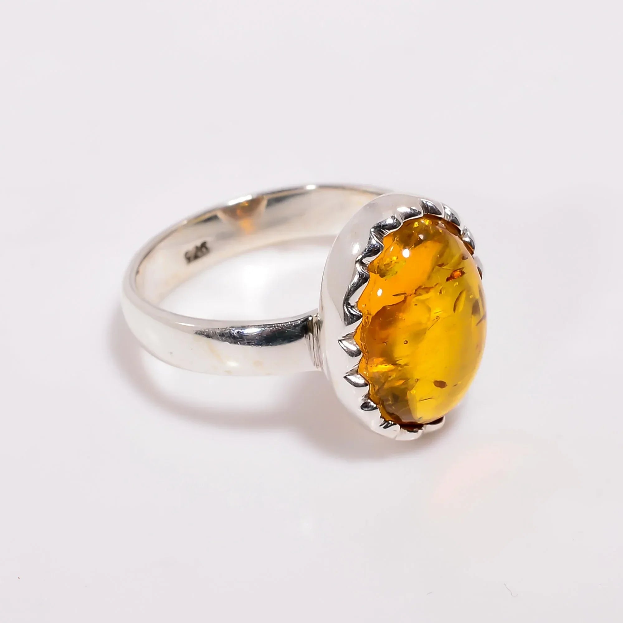 Handmade Honey Baltic Amber Ring: 925 Sterling Silver, Oval Cabochon