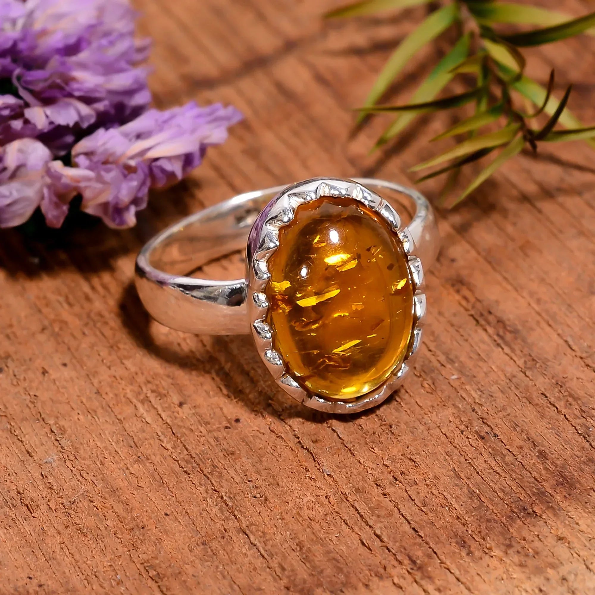 Handmade Honey Baltic Amber Ring: 925 Sterling Silver, Oval Cabochon