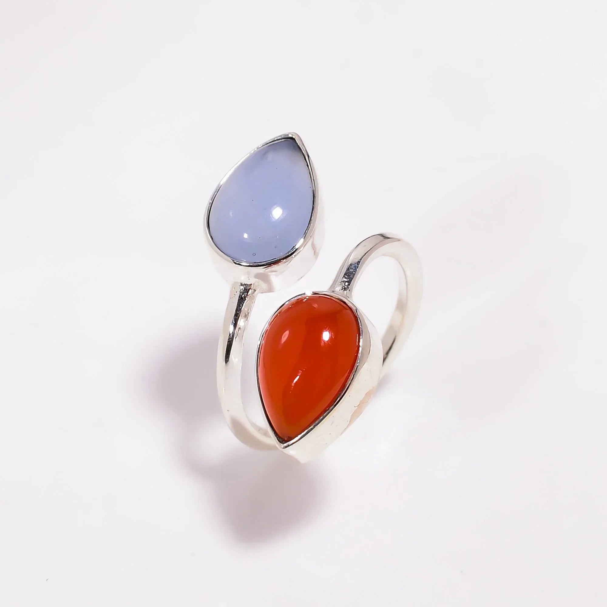 Blue Chalcedony & Red Onyx Sterling Silver Ring - Adjustable