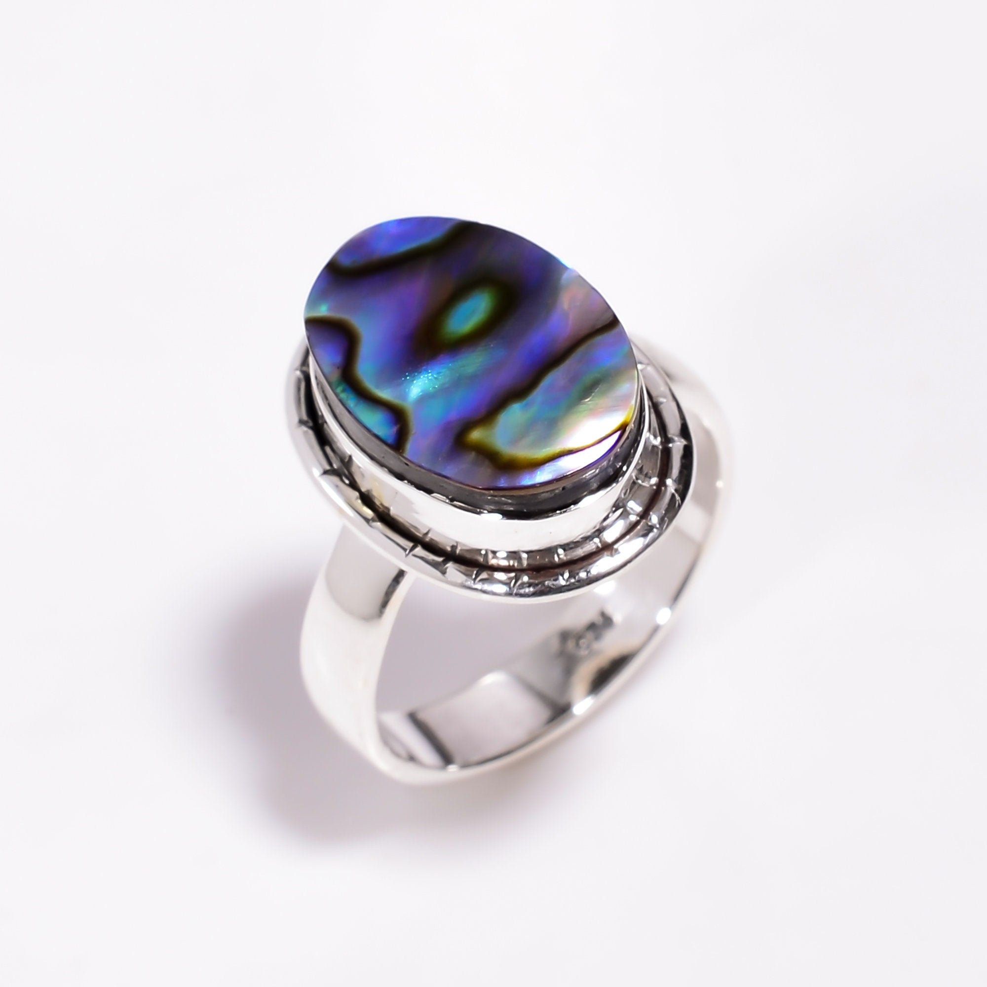 Sterling Silver Oval Abalone Shell Ring: Blue Gemstone Band