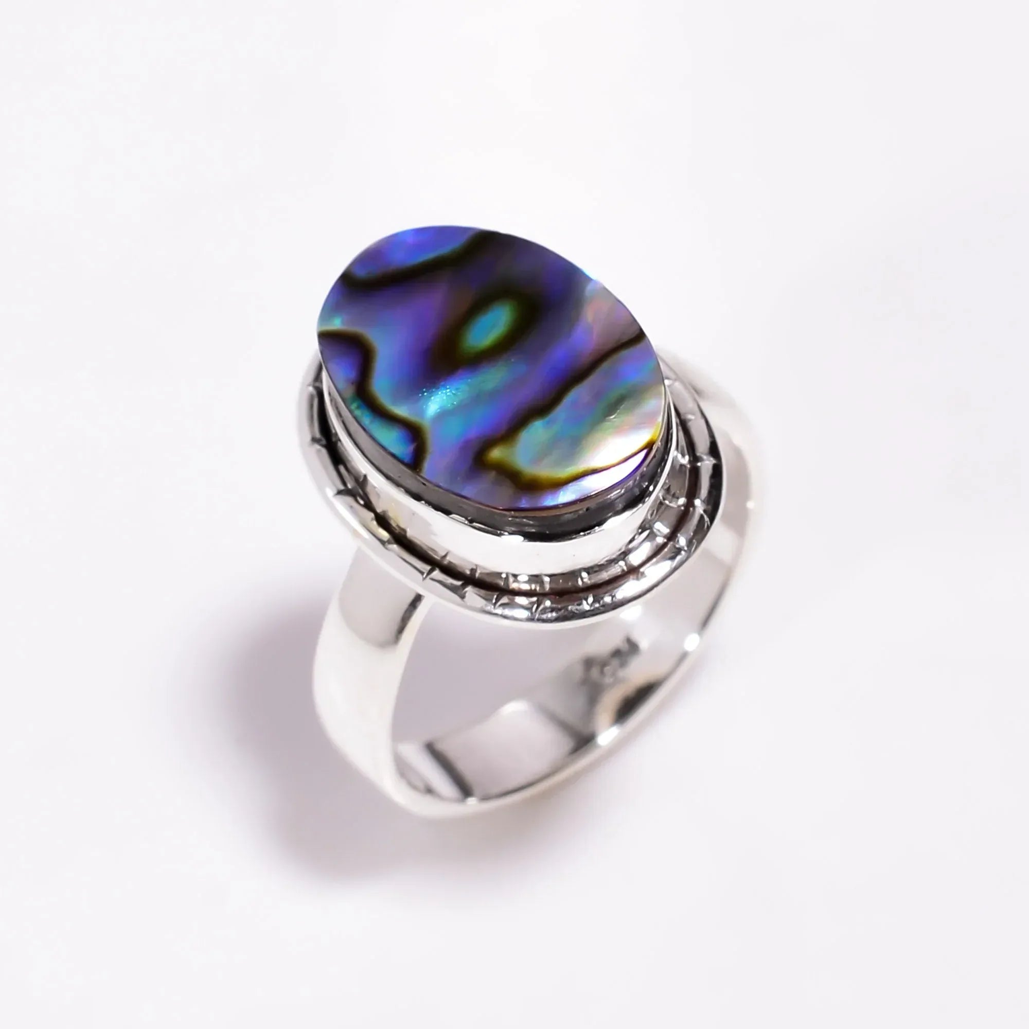 Sterling Silver Oval Abalone Shell Ring: Blue Gemstone Band