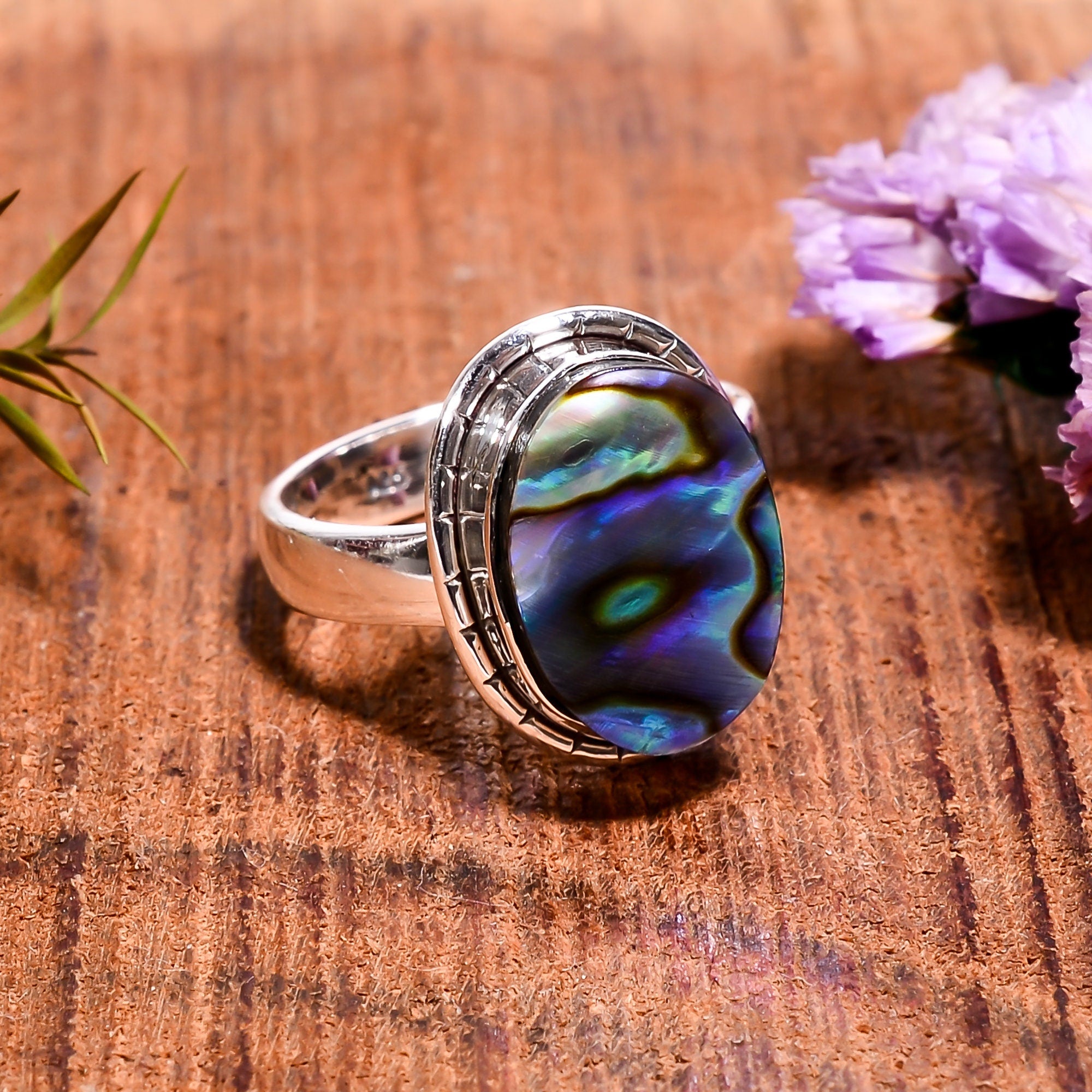 Sterling Silver Oval Abalone Shell Ring: Blue Gemstone Band