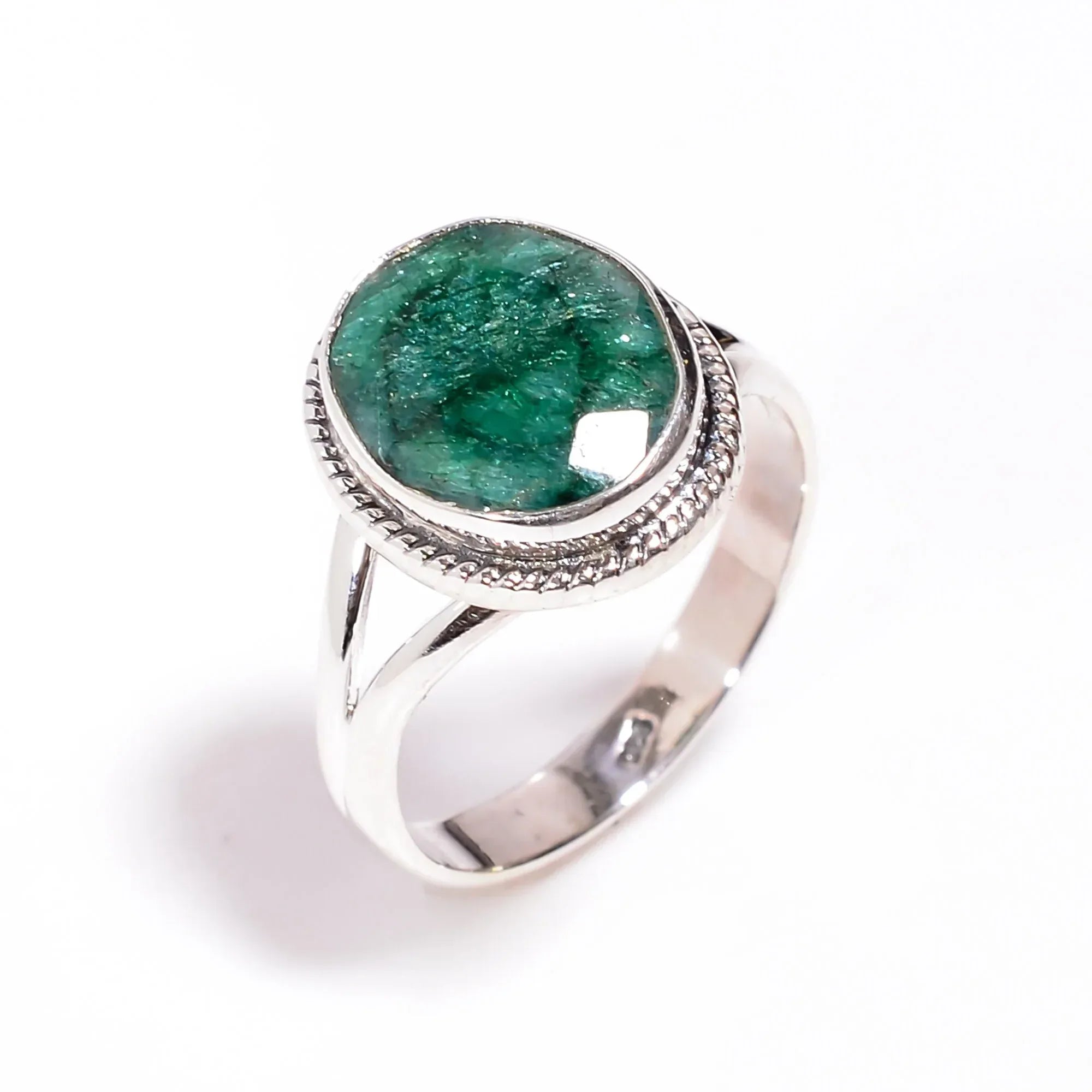 925 Silver Ring: Handmade Green Corundum Emerald Gemstone