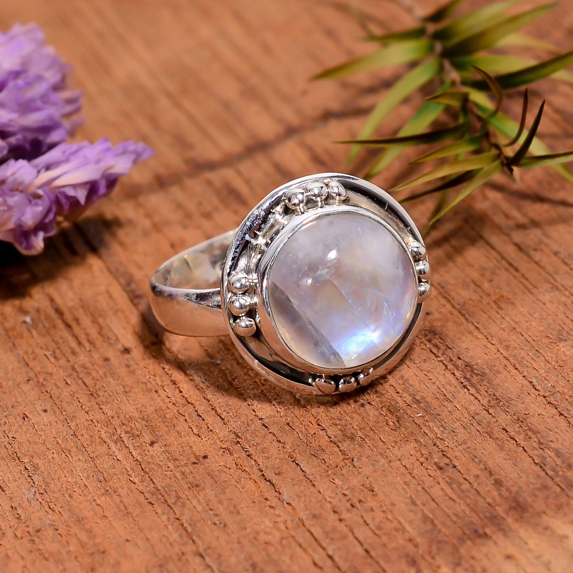 Natural Rainbow Moonstone Ring: 925 Sterling Silver Boho Jewelry
