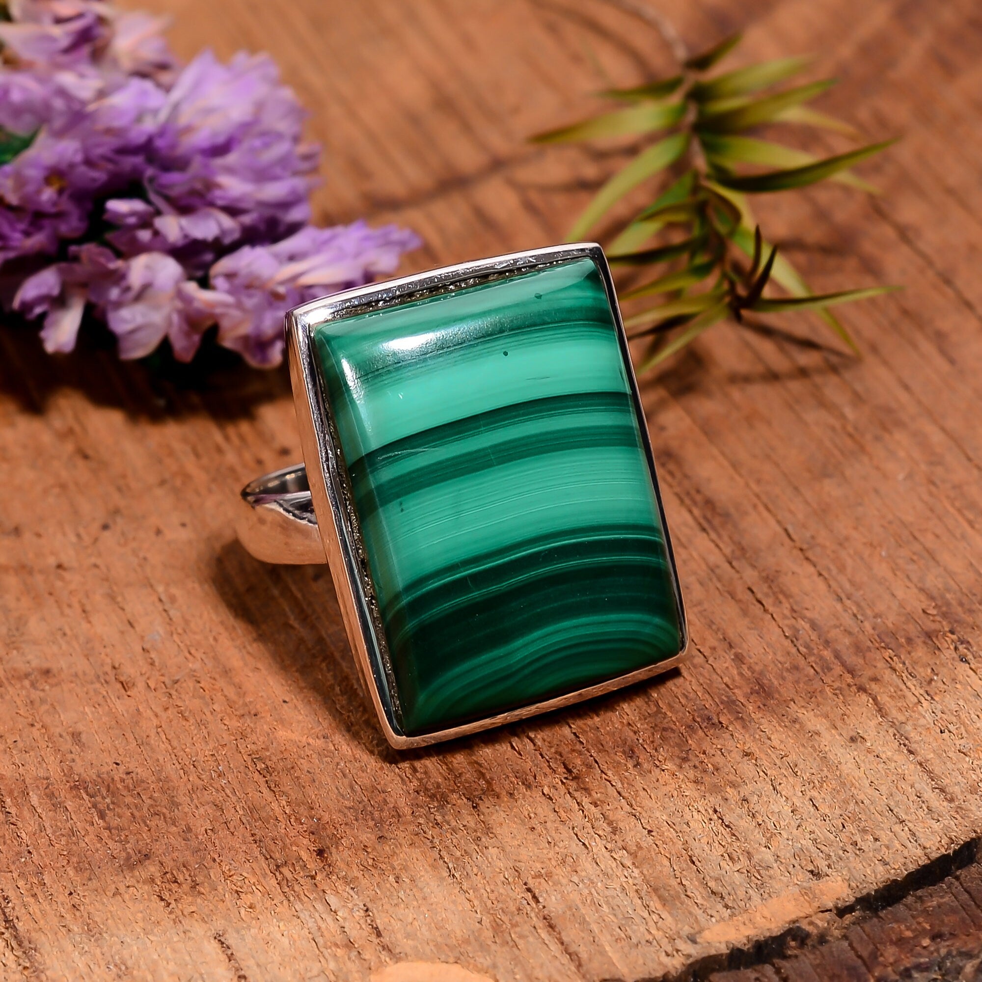 Natural Malachite Ring: Sterling Silver Bohemian Statement Ring