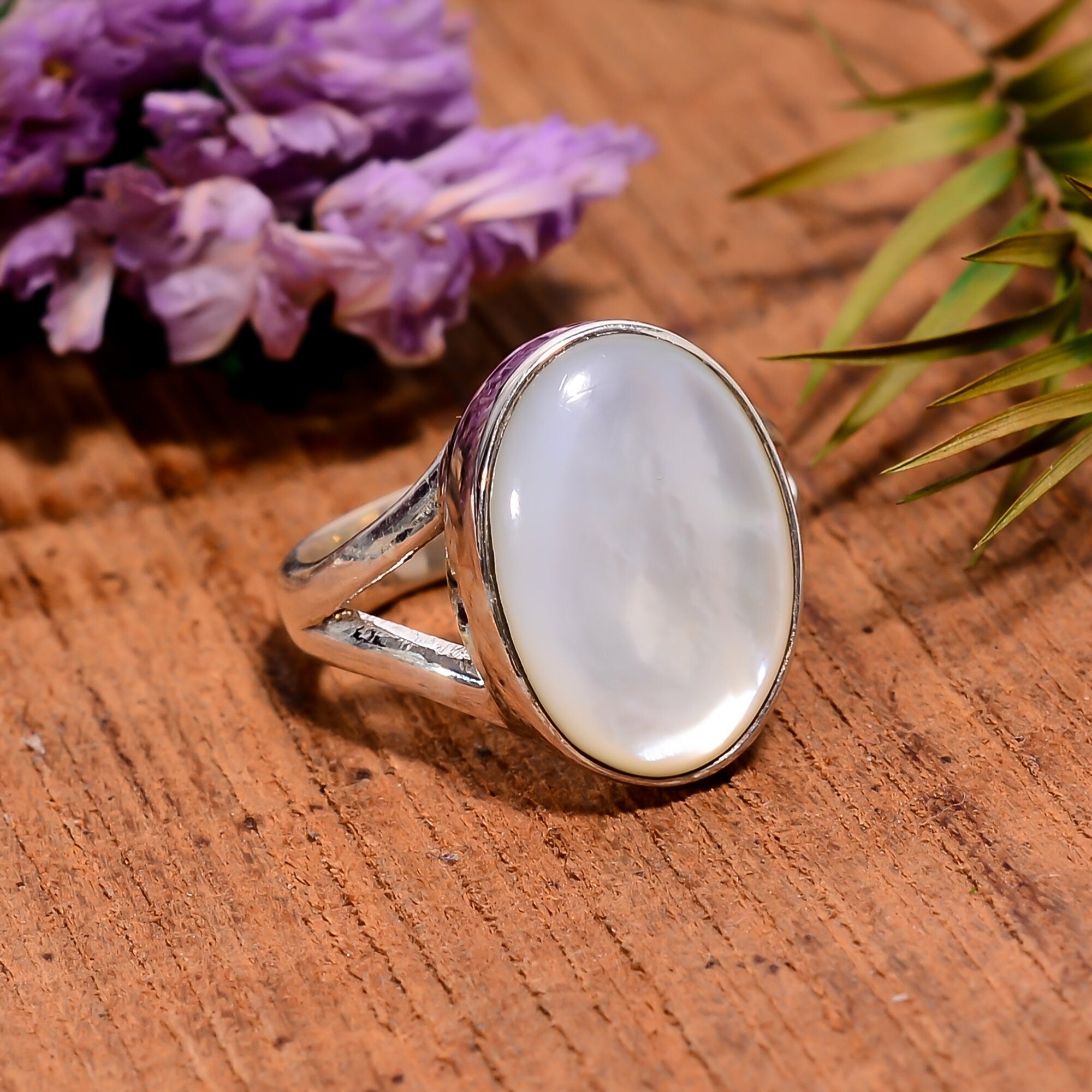 Oval Mother of Pearl Ring: Dainty 925 Sterling Silver Birthstone
