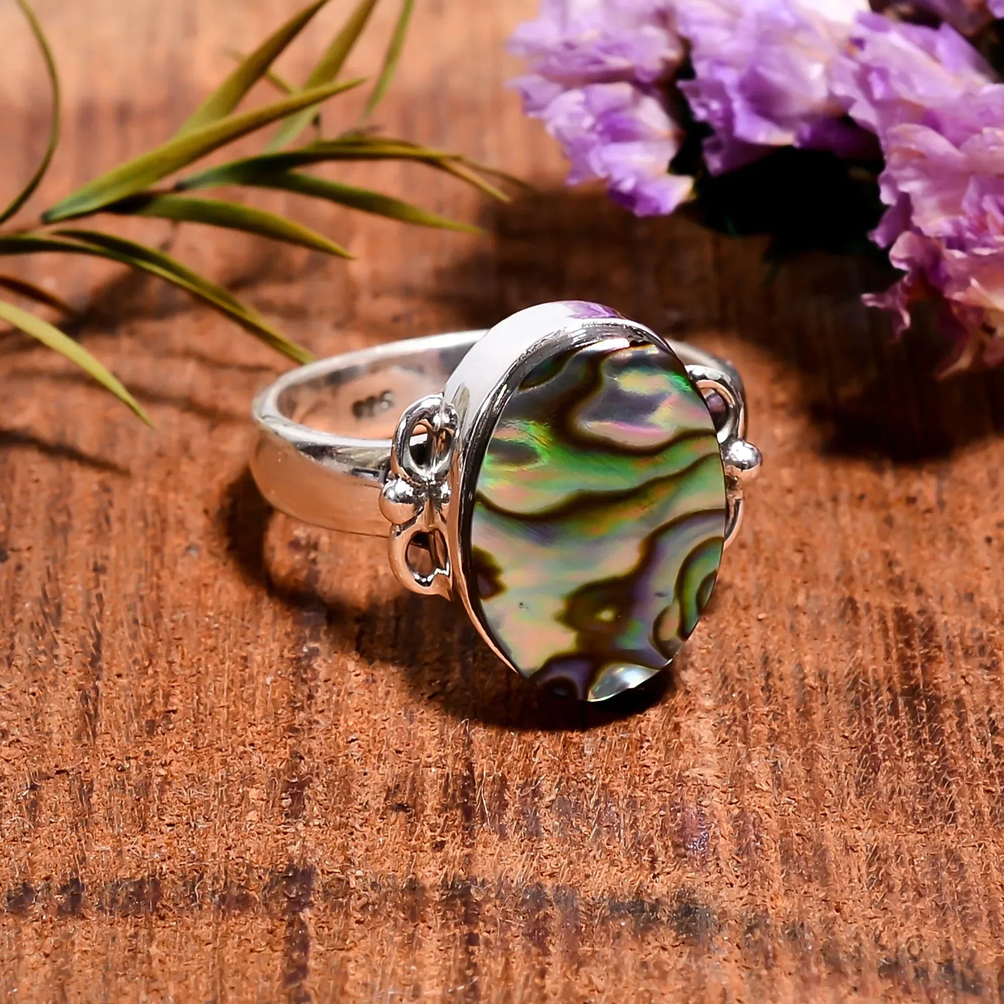 Handmade Abalone Shell Ring in Oval Shape with 925 Sterling Silver Setting