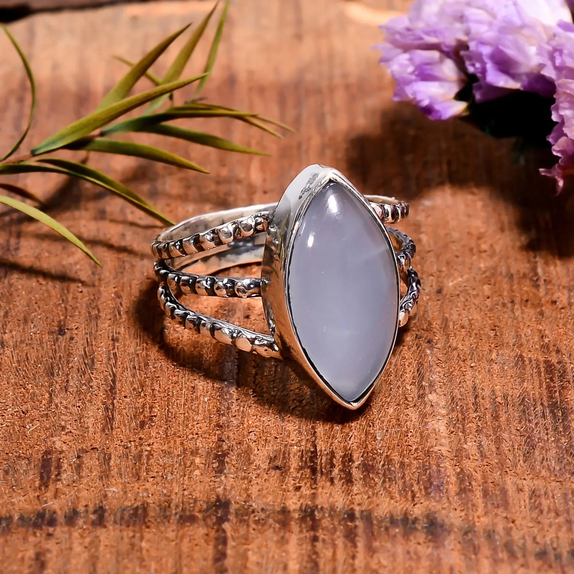 Aqua Chalcedony Sterling Silver Ring: Marquise Cabochon Gemstone