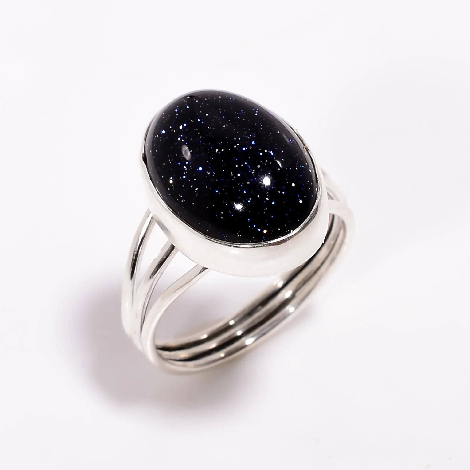 Blue Sunstone Ring: Oval Cabochon, 925 Sterling Silver