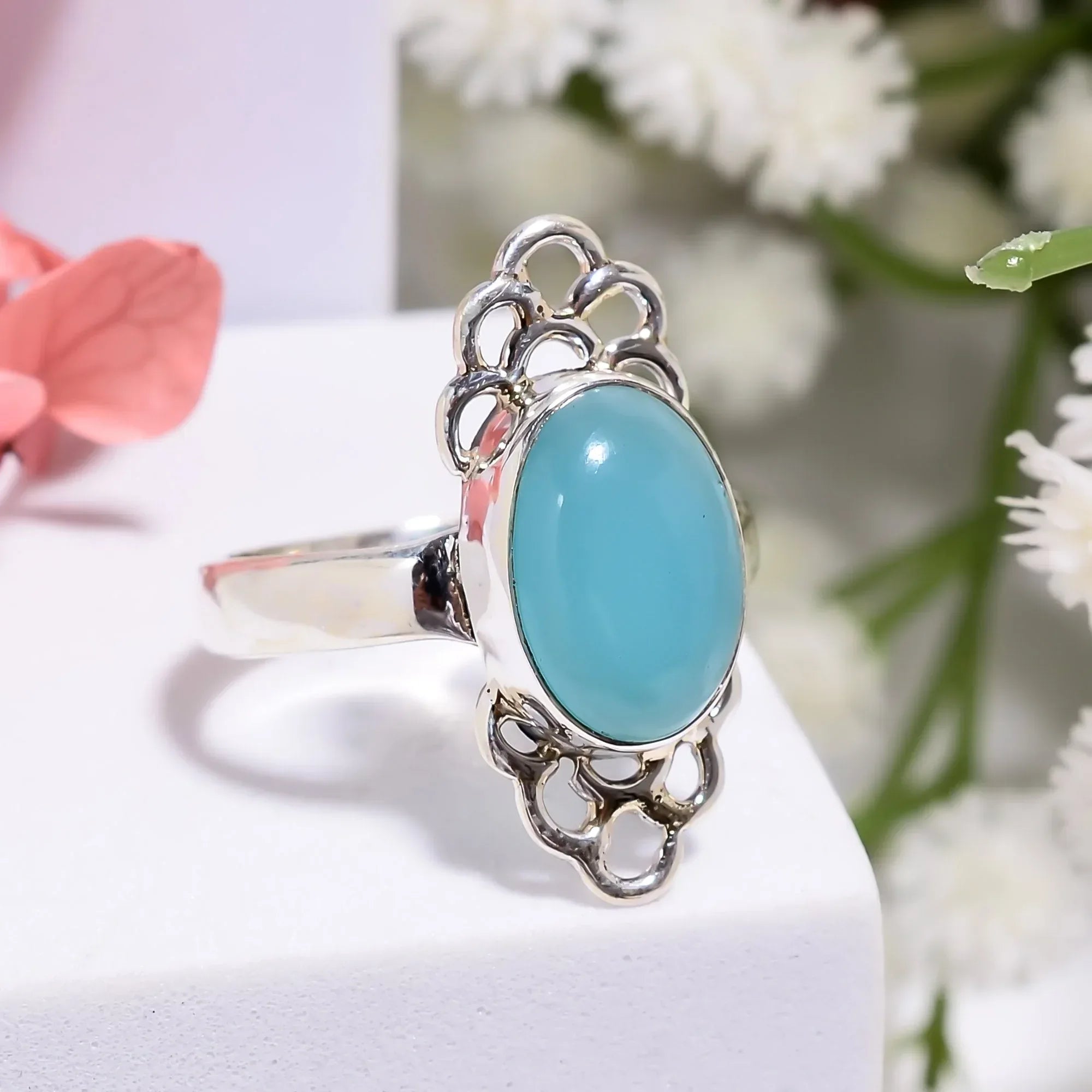Aqua Chalcedony Ring: Handmade 925 Sterling Silver, Sky Blue Gemstone