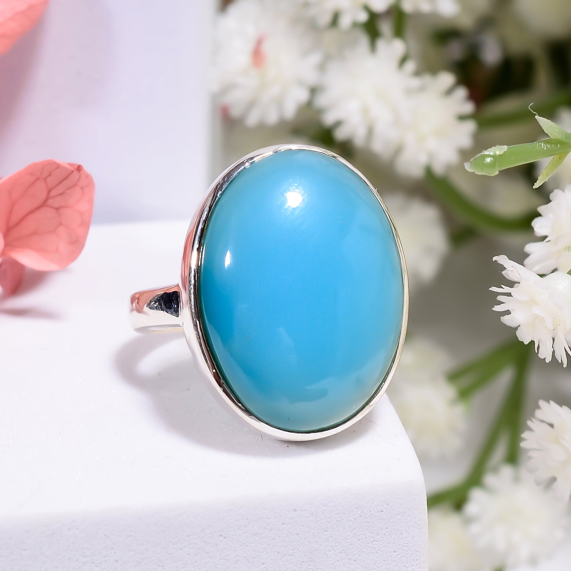 Natural Aqua Chalcedony Ring: Oval Cabochon, 925 Sterling Silver