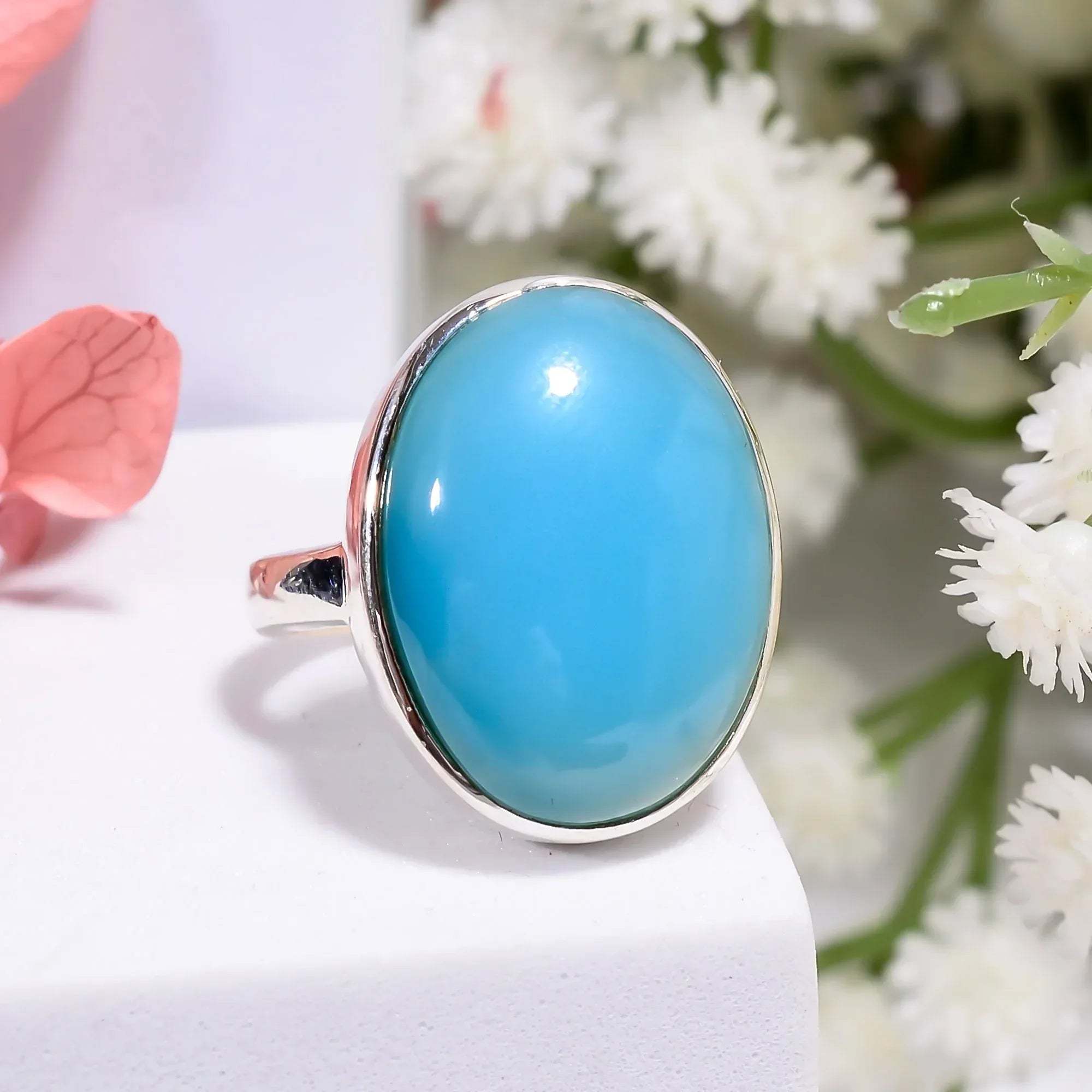 Natural Aqua Chalcedony Ring: Oval Cabochon, 925 Sterling Silver