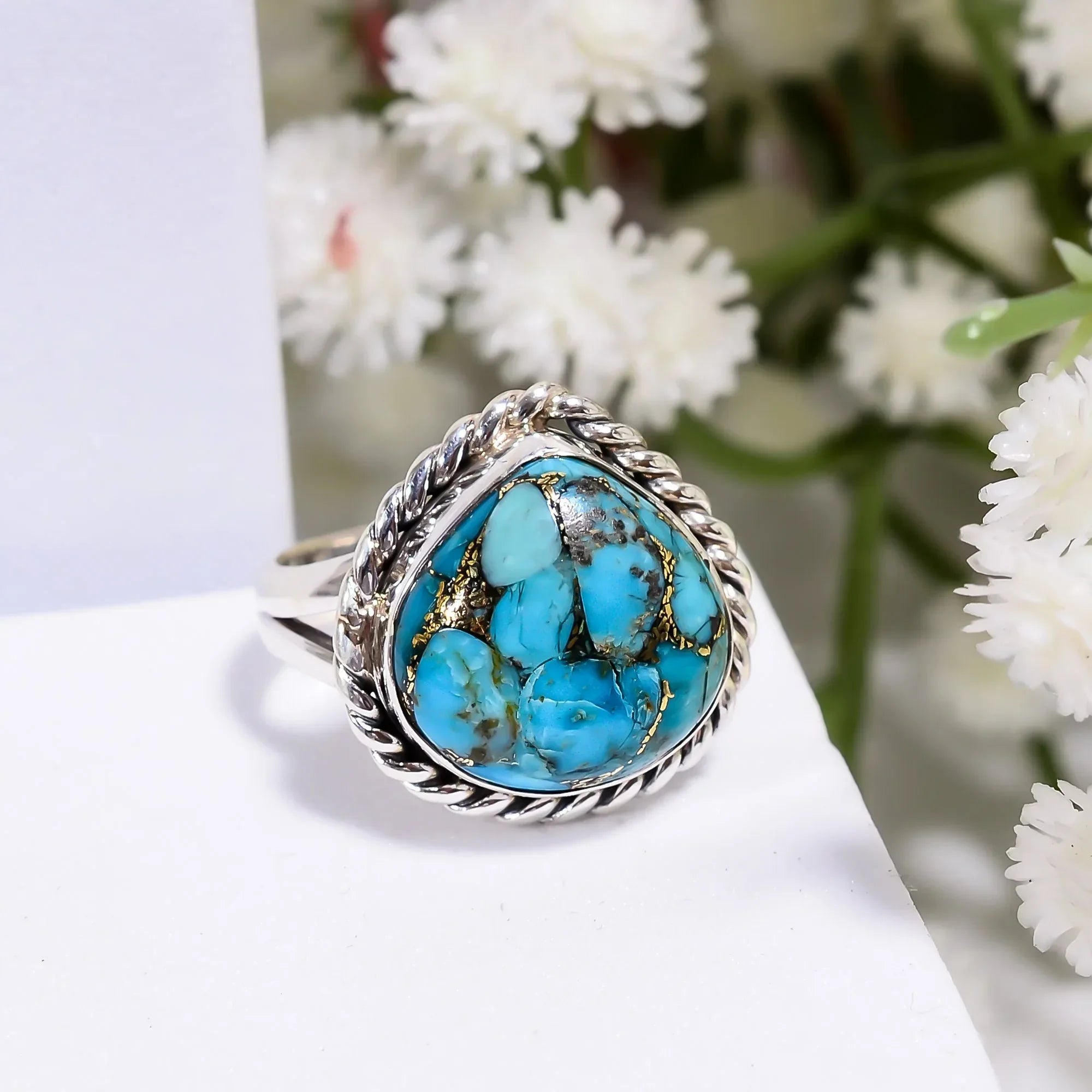 Blue Copper Turquoise Ring: 925 Sterling Silver Bezel Setting