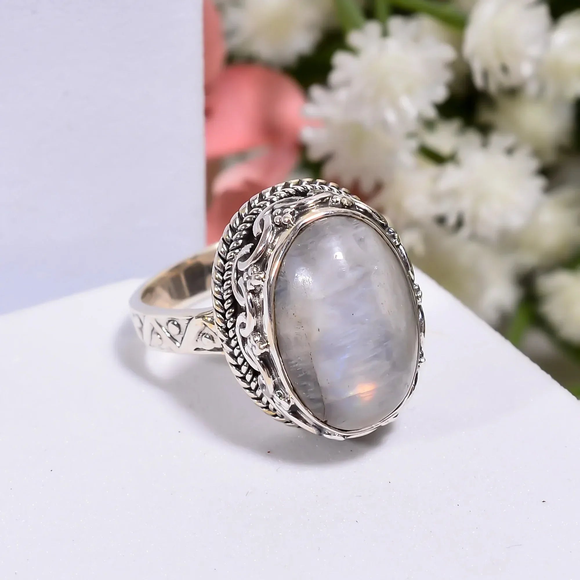 Rainbow Moonstone Ring: Oval Cabochon, 925 Sterling Silver, Handmade