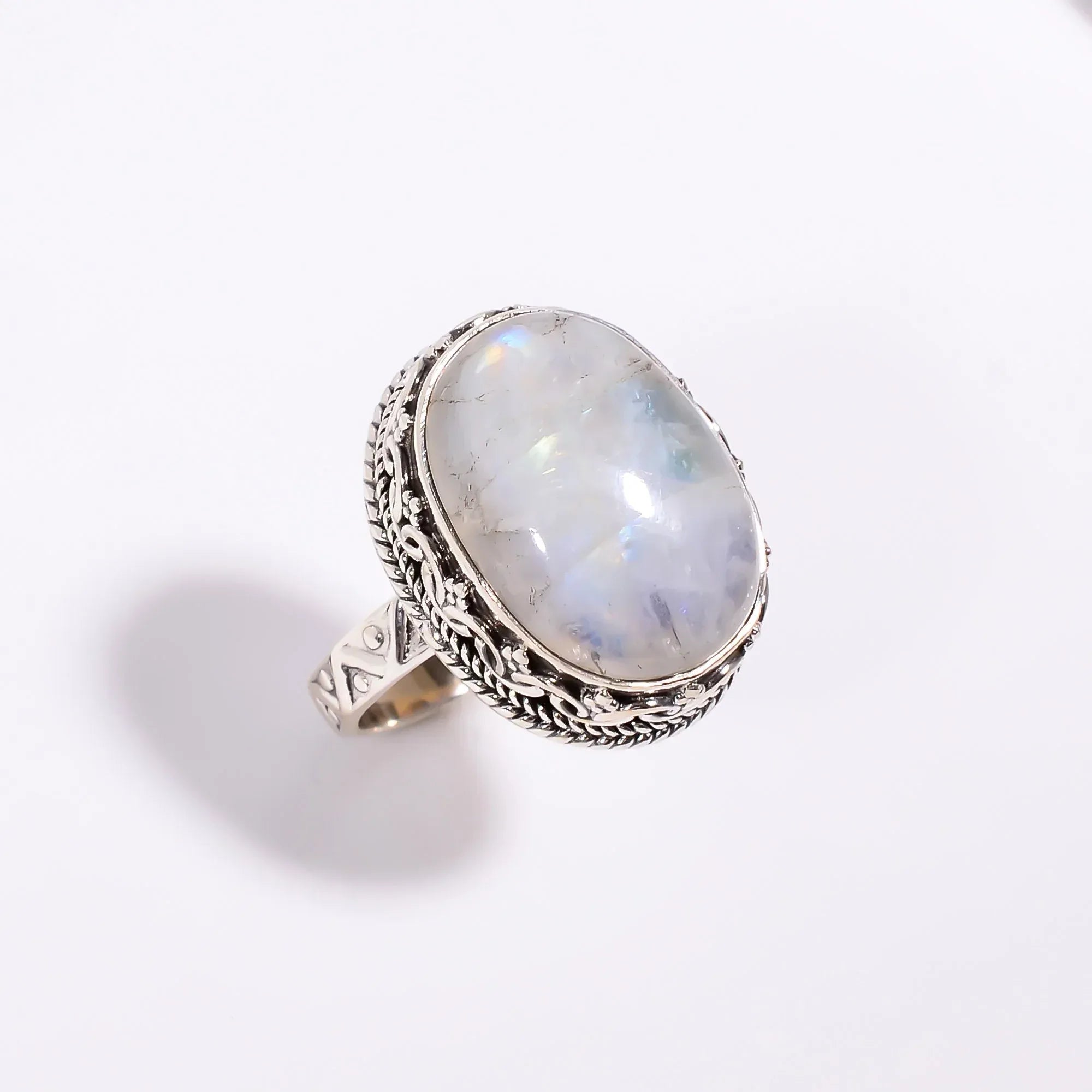 Rainbow Moonstone Ring: Oval Sterling Silver Boho Jewelry