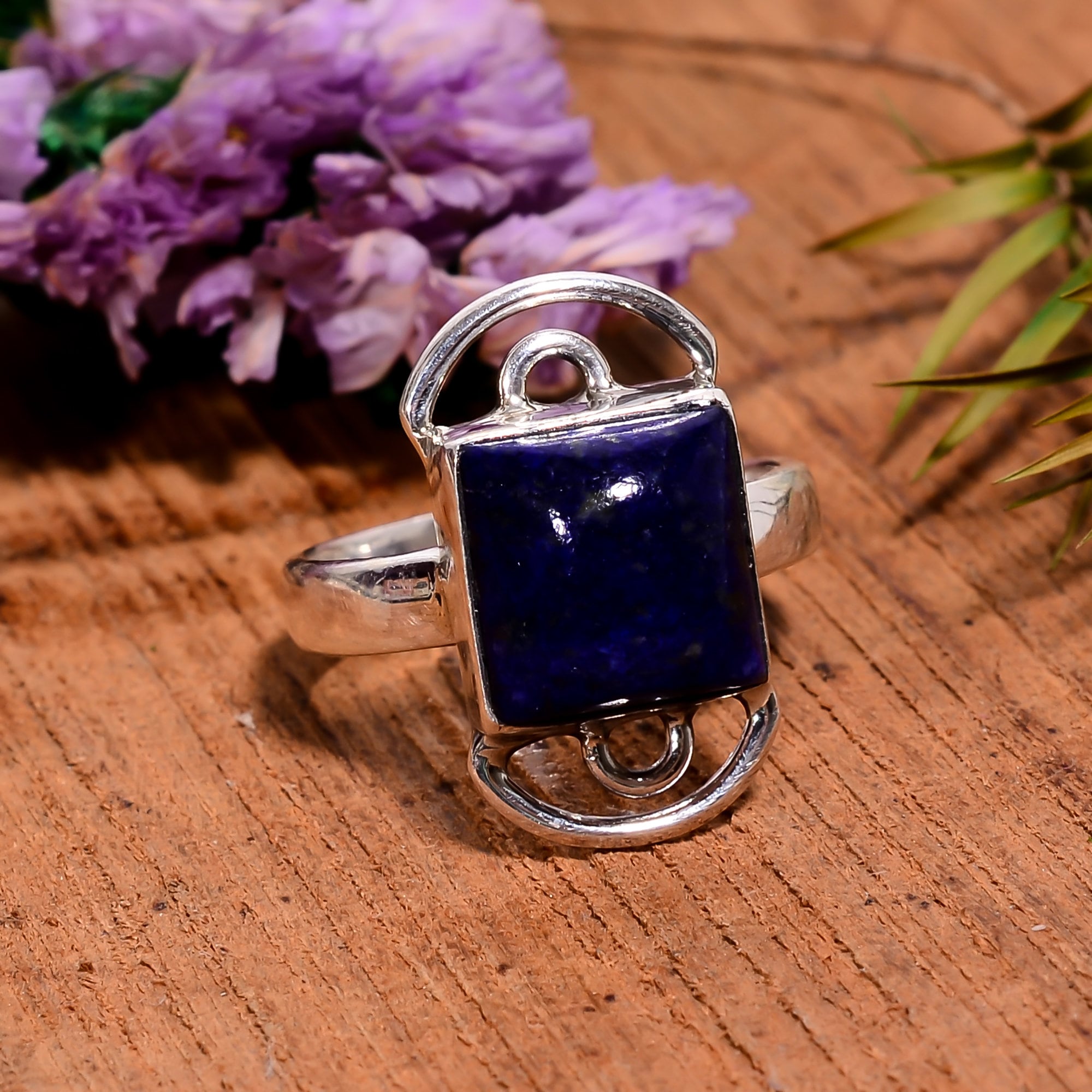 Handmade Square Lapis Lazuli Ring: 925 Sterling Silver Band