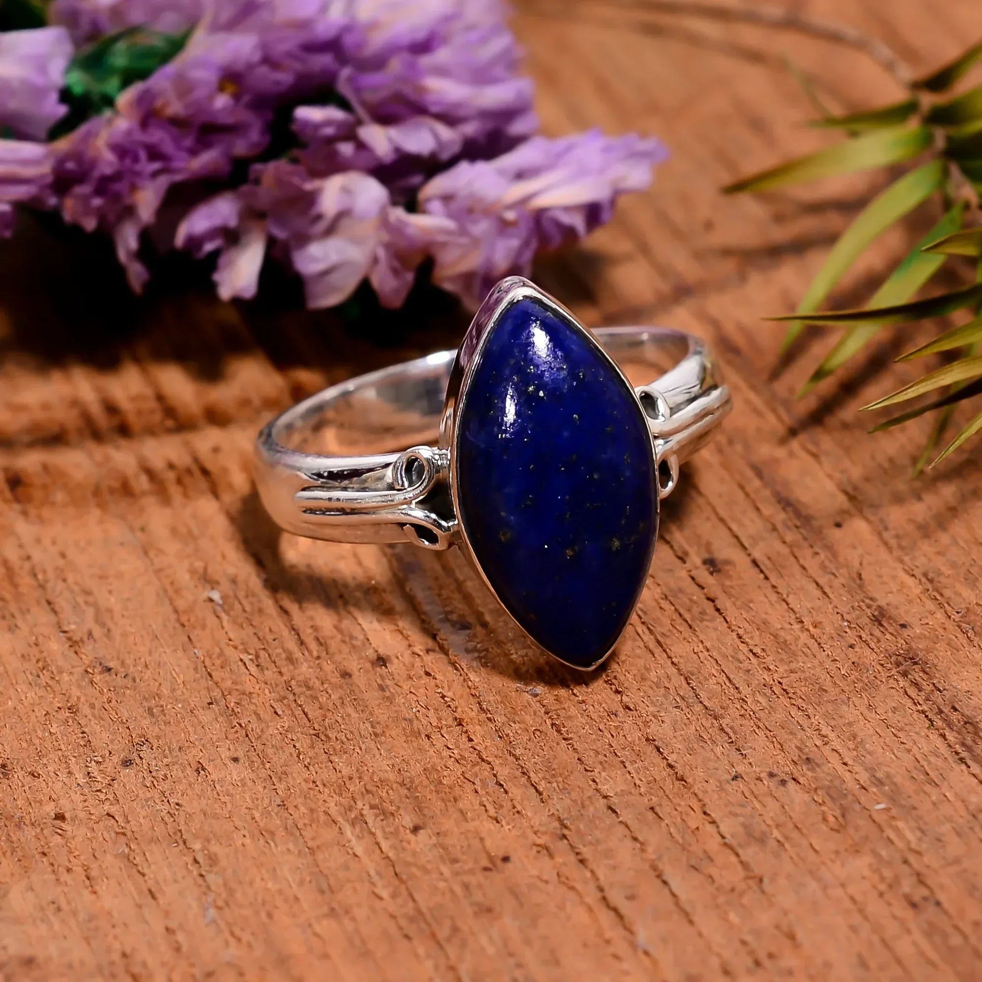 Handmade Lapis Lazuli Sterling Silver Ring: Marquise Boho Jewelry