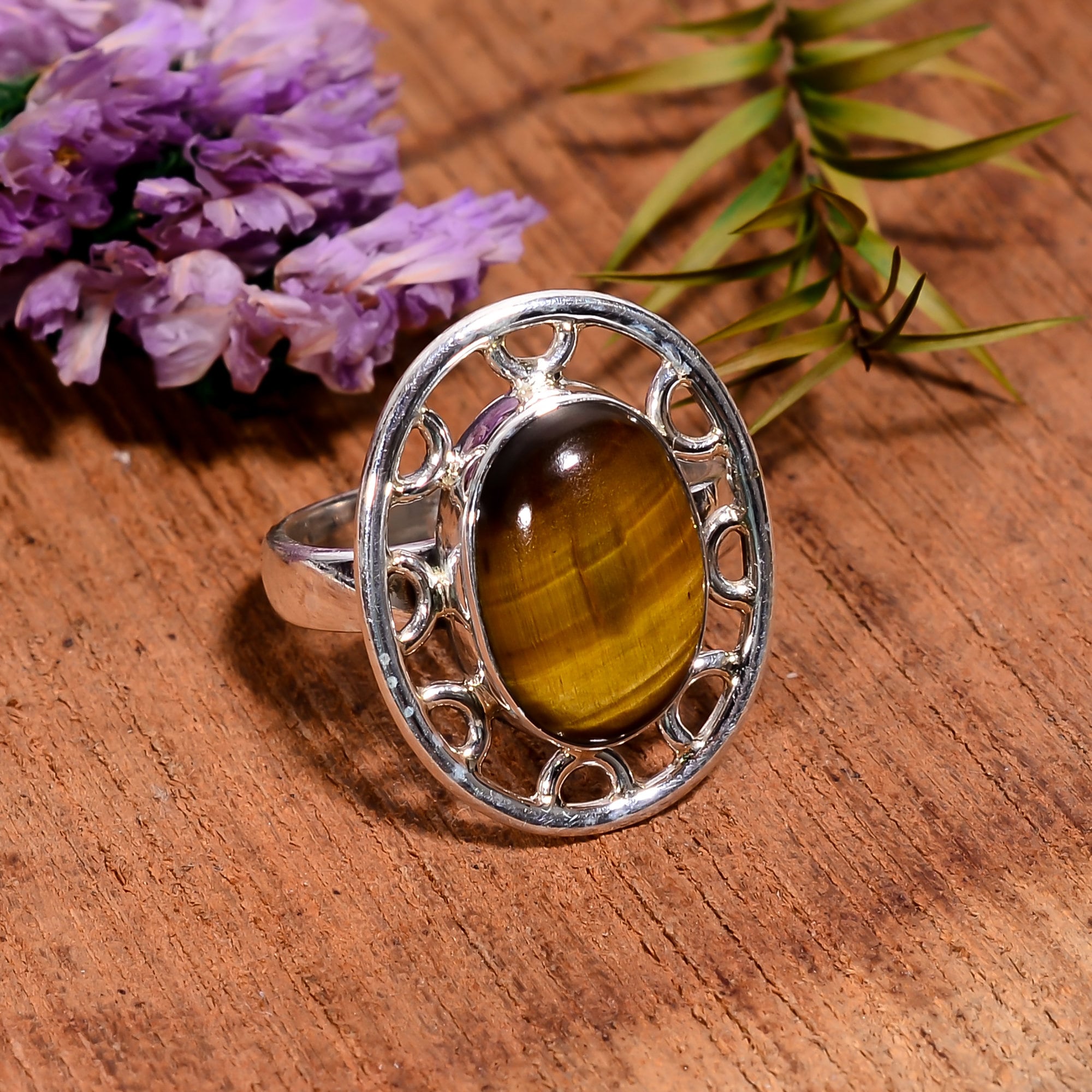 Handmade Tiger's Eye 925 Sterling Silver Ring: Boho Women's Jewelry