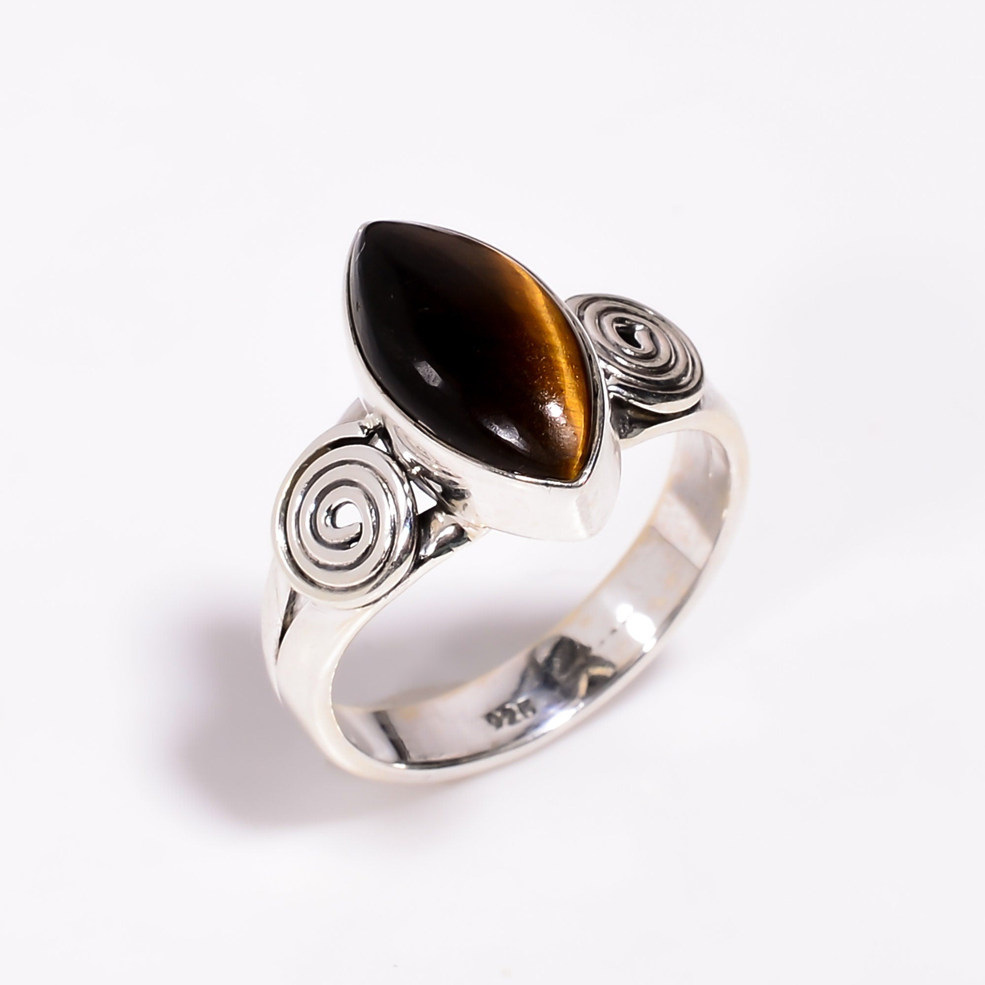 Sterling Silver Tiger's Eye Ring: Handmade Marquise Gemstone Jewelry