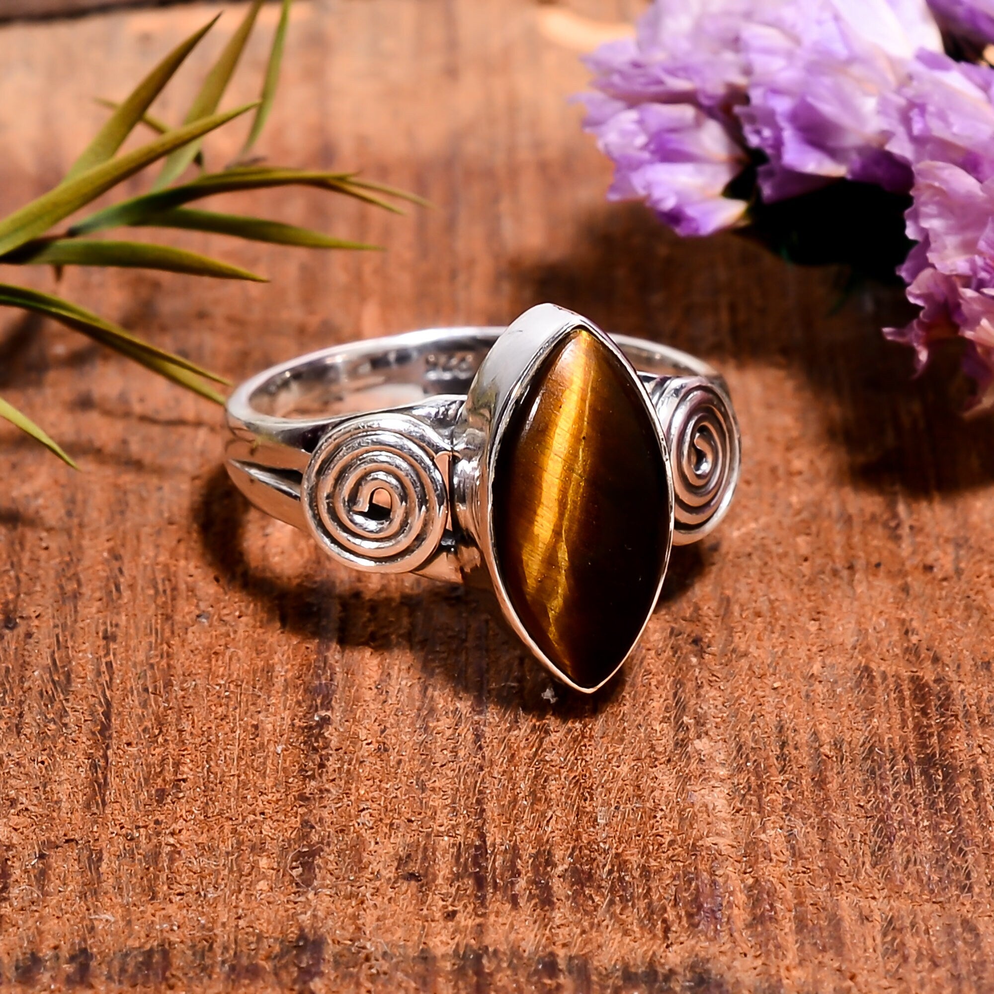 Sterling Silver Tiger's Eye Ring: Handmade Marquise Gemstone Jewelry