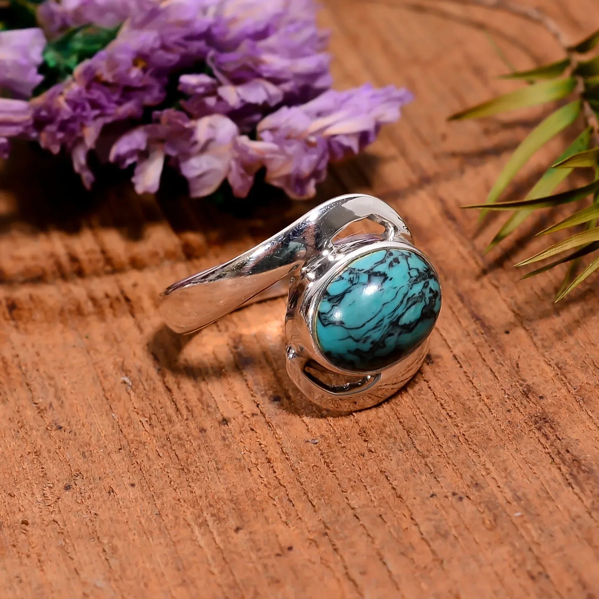Boho Turquoise Ring in 925 Sterling Silver Oval Cabochon Design