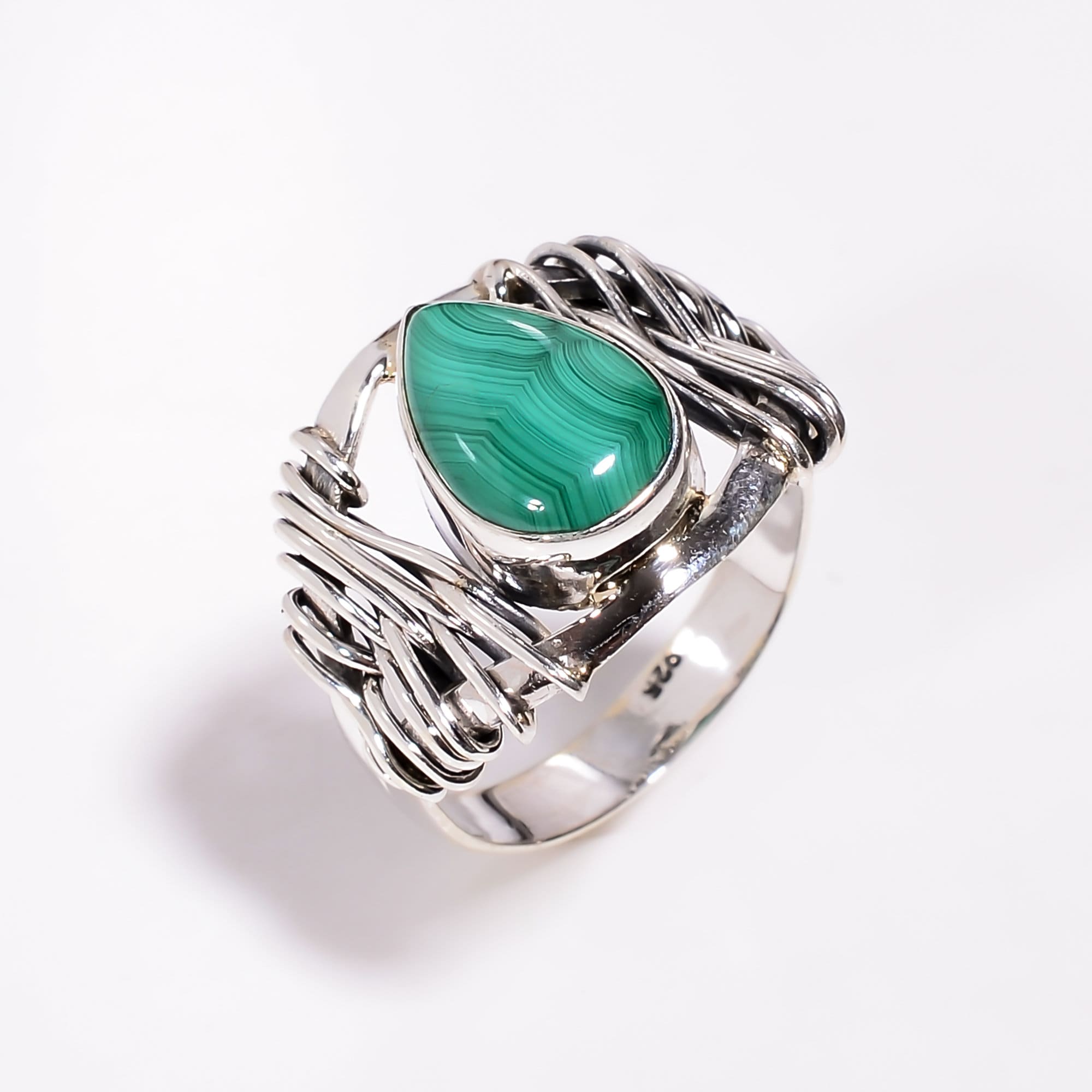 Malachite Pear Cabochon Ring: 925 Sterling Silver Boho Jewelry