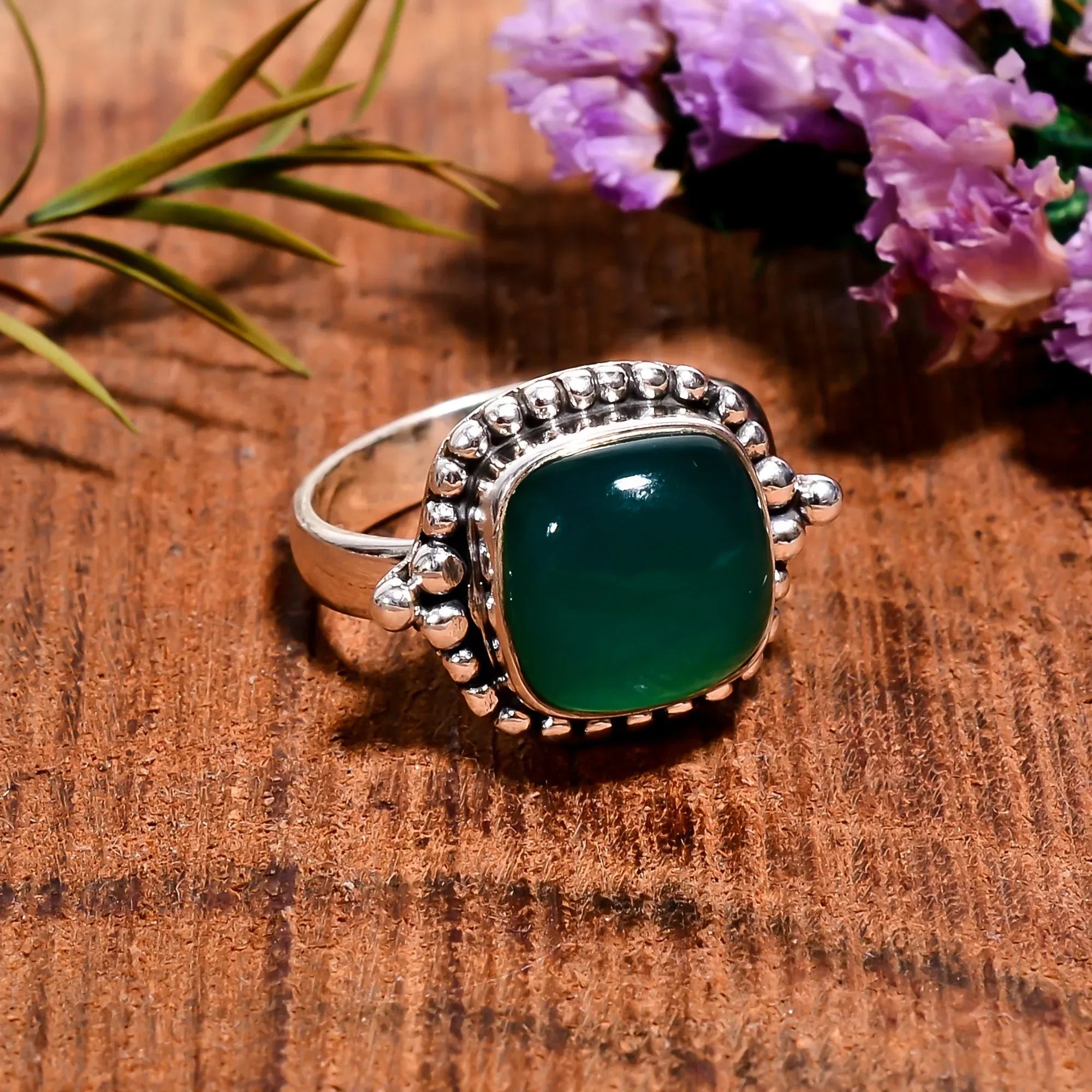 Green Onyx Ring: 925 Sterling Silver, Cushion Gemstone, Bohemian Jewelry