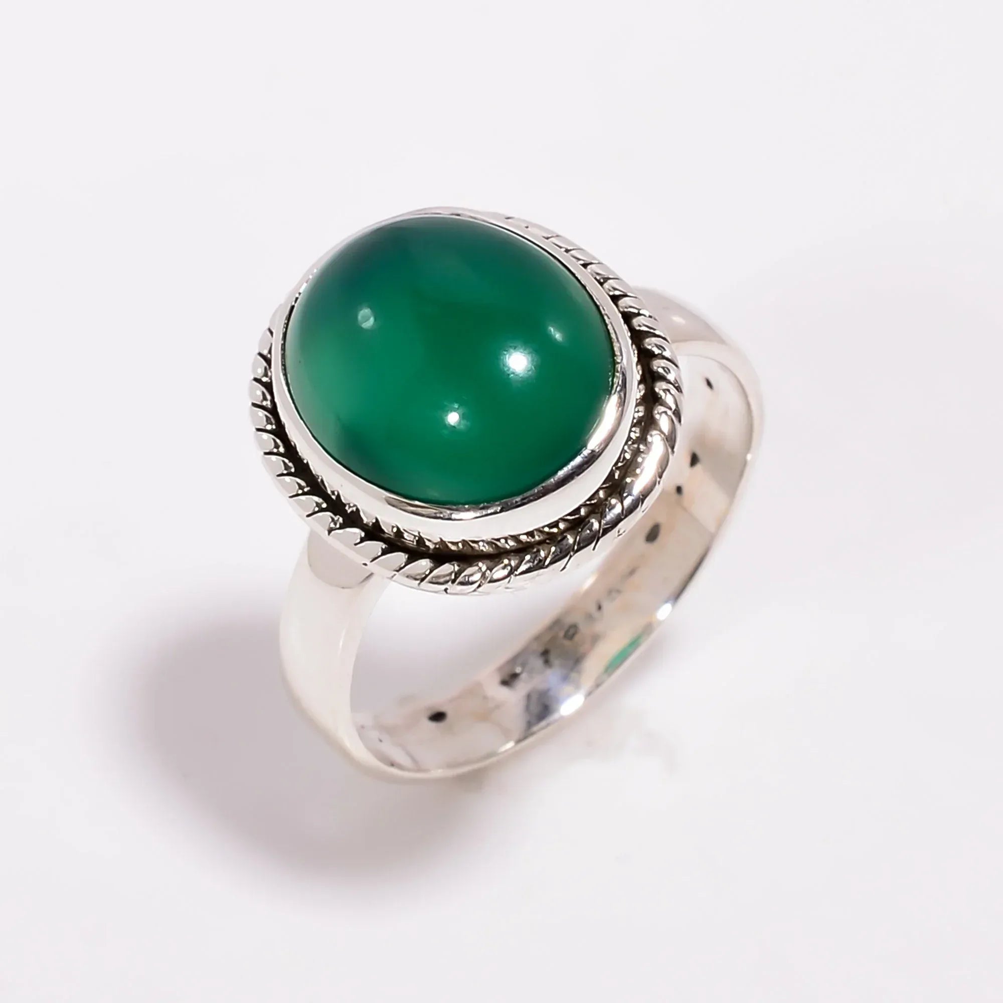 Handmade Green Onyx Ring: Oval Cabochon, 925 Sterling Silver