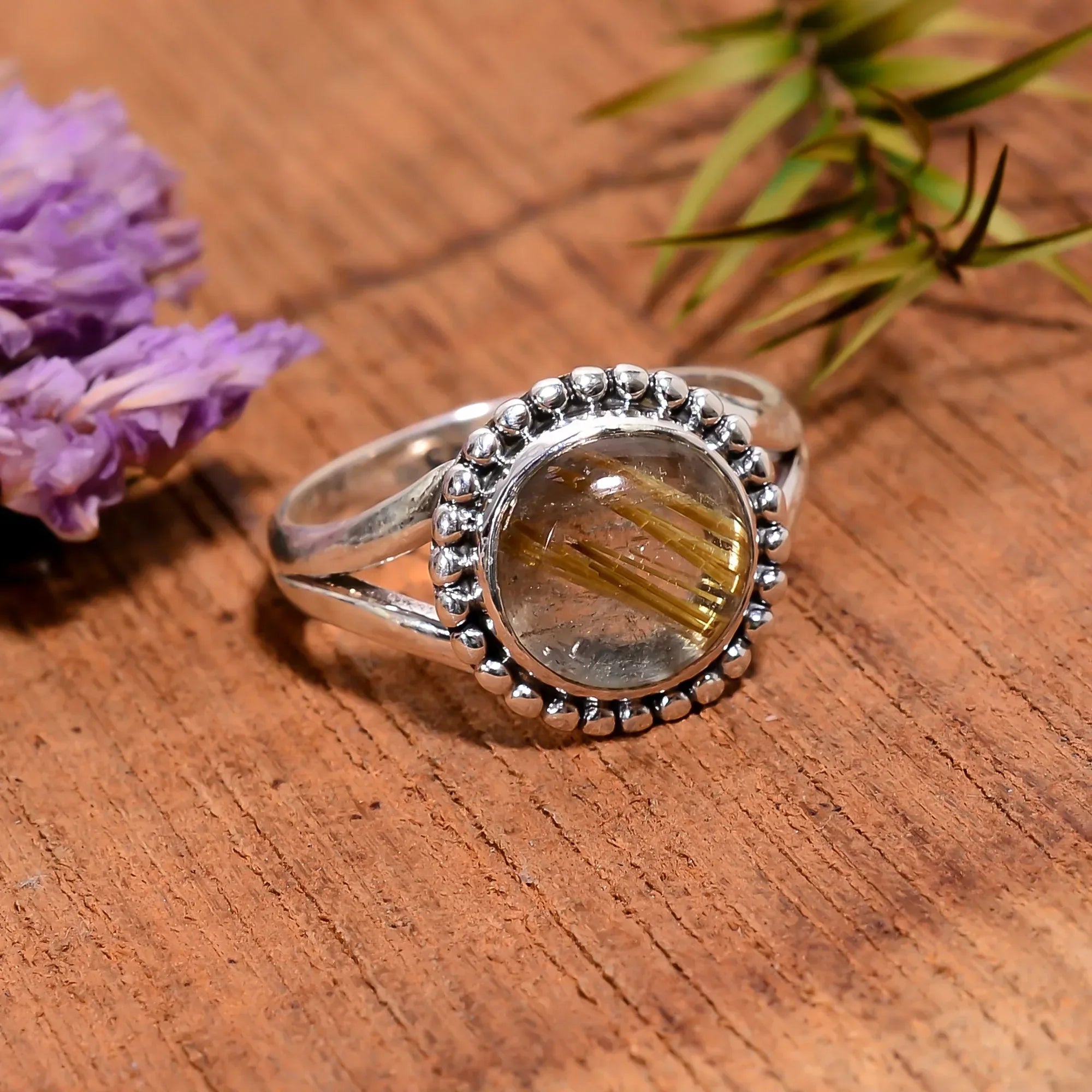 Golden Rutile Quartz Ring: 925 Sterling Silver Statement Jewelry