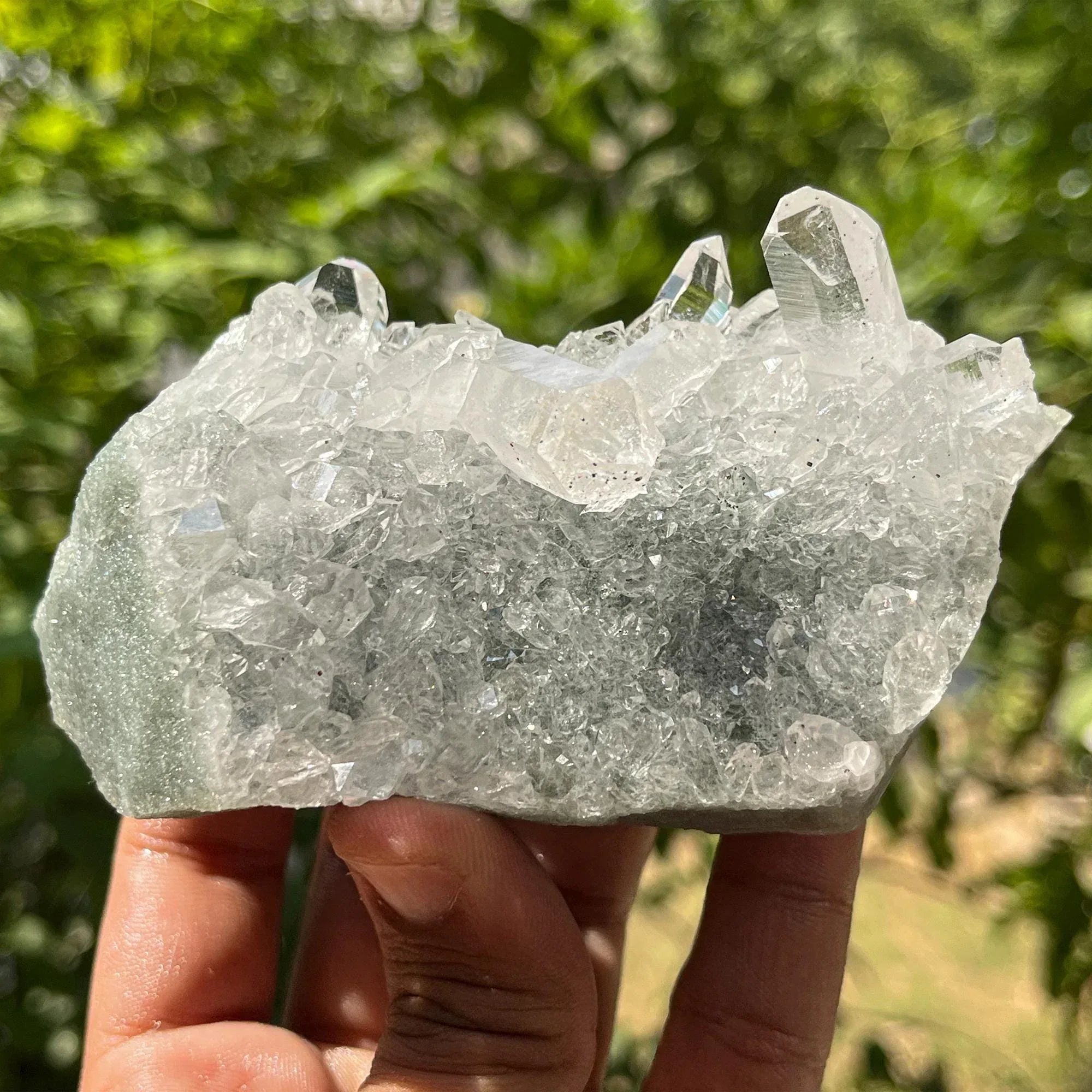 Green Chlorite Included Quartz Cluster: Elestial Himalayan Crystal Point 310gm Himalayan Quartz