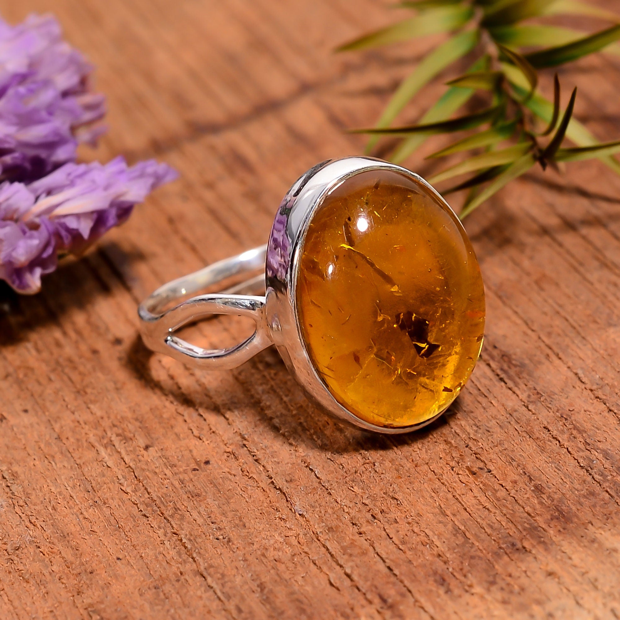 Natural Baltic Amber Ring: Oval Gemstone, 925 Sterling Silver