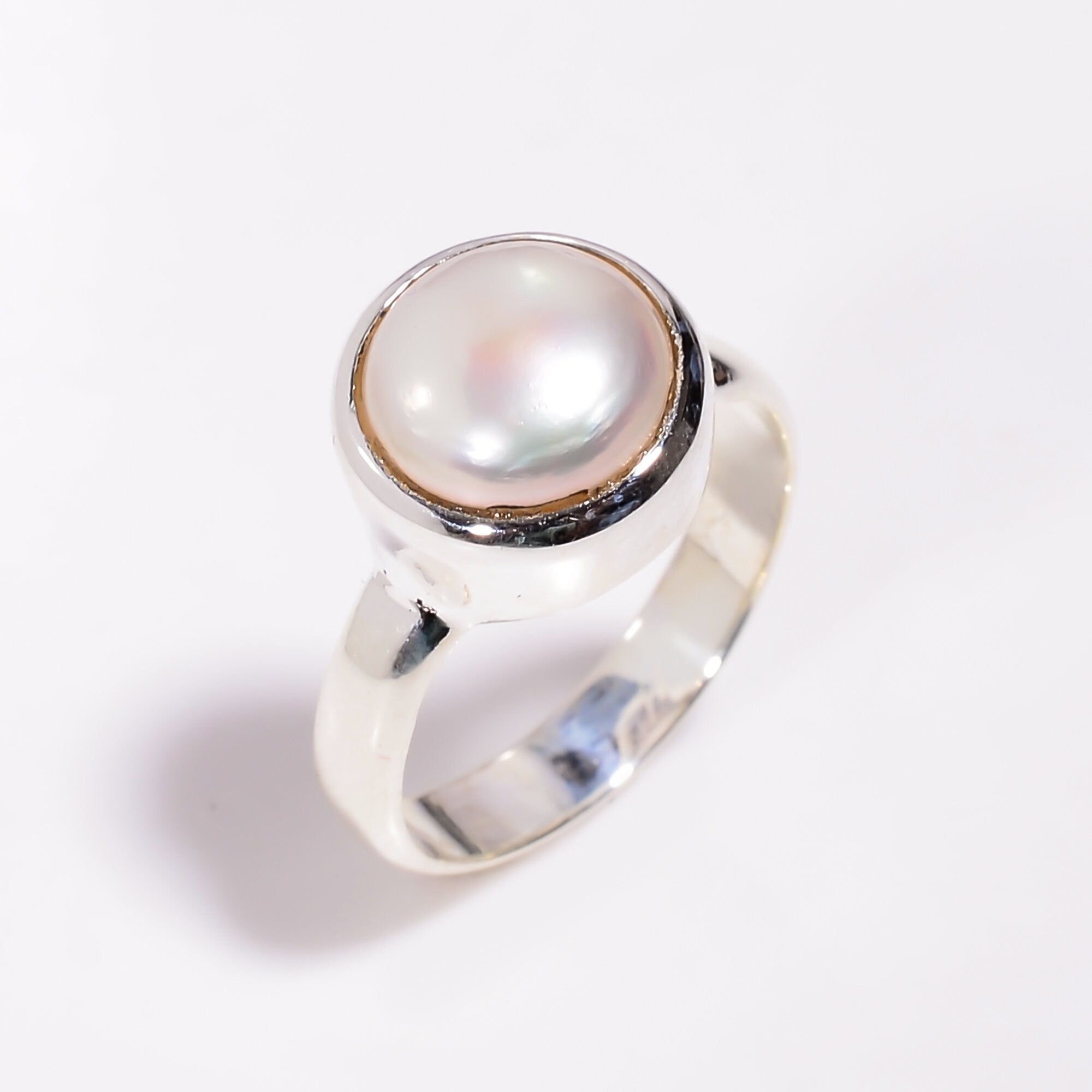 Pearl Statement Ring: 925 Sterling Silver, Round Cabochon