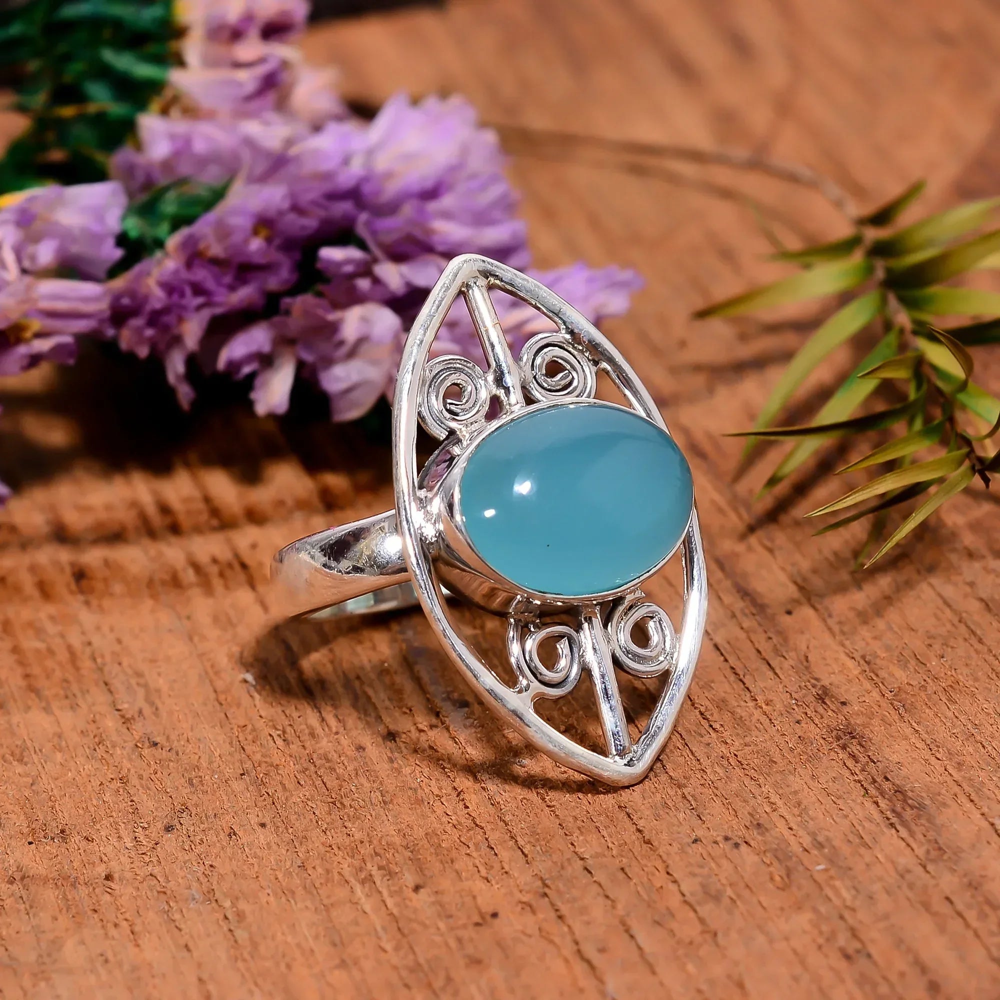 Chalcedony Statement Ring: Oval Sky Blue Gem, Sterling Silver