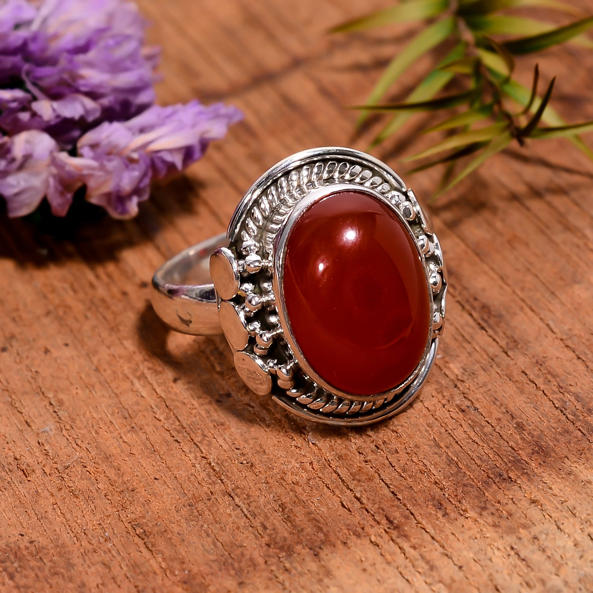 Natural Red Onyx Ring: Vintage Bezel 925 Sterling Silver