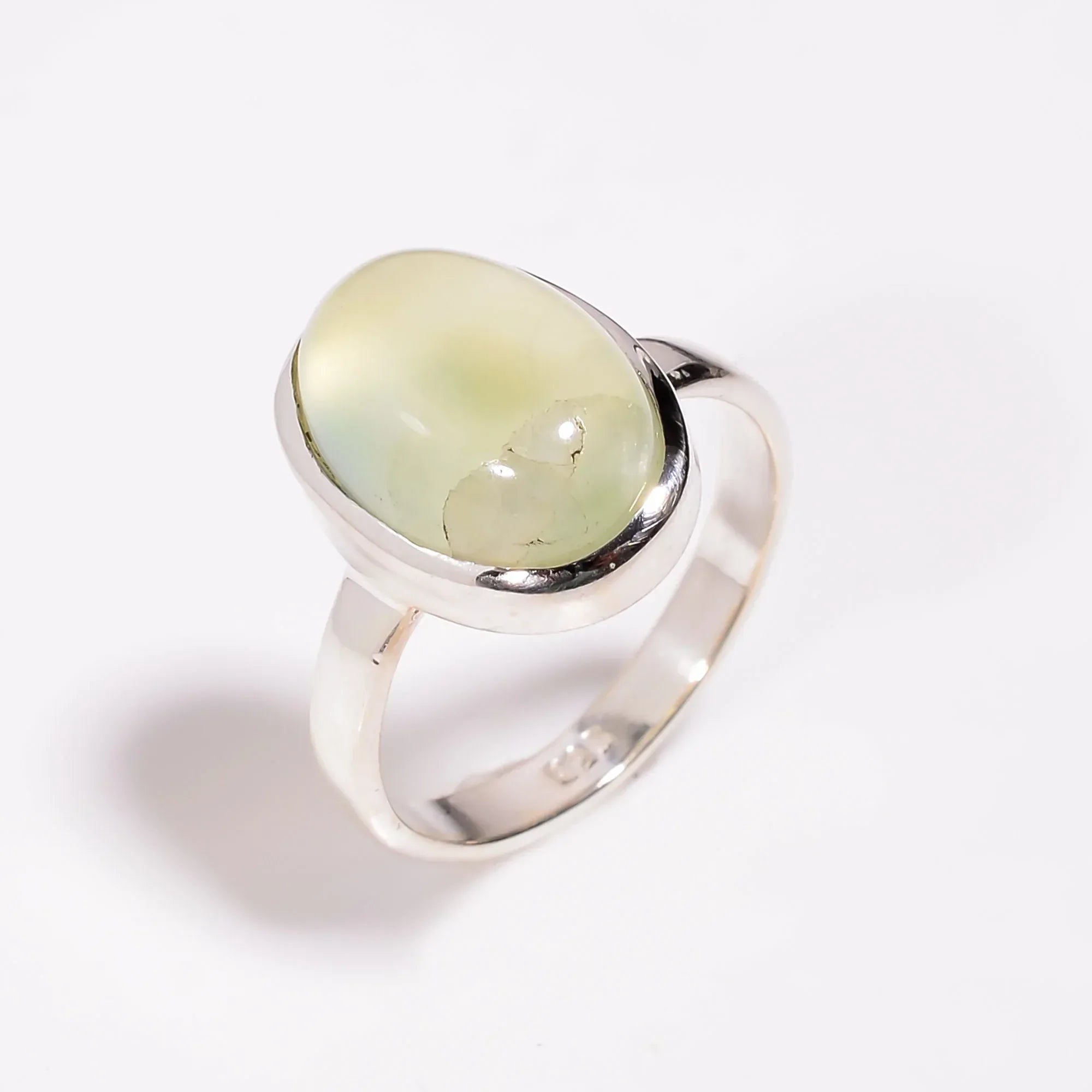 Prehnite Stone Ring: Oval Cabochon, 925 Sterling Silver