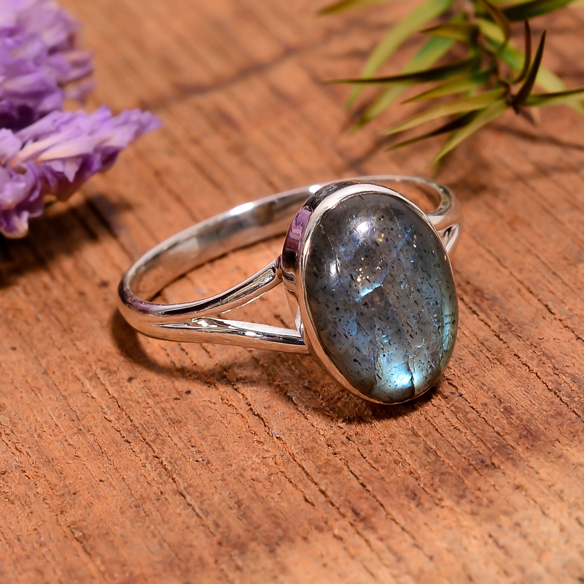 Sterling Silver Labradorite Ring: Natural Blue Flash Gemstone
