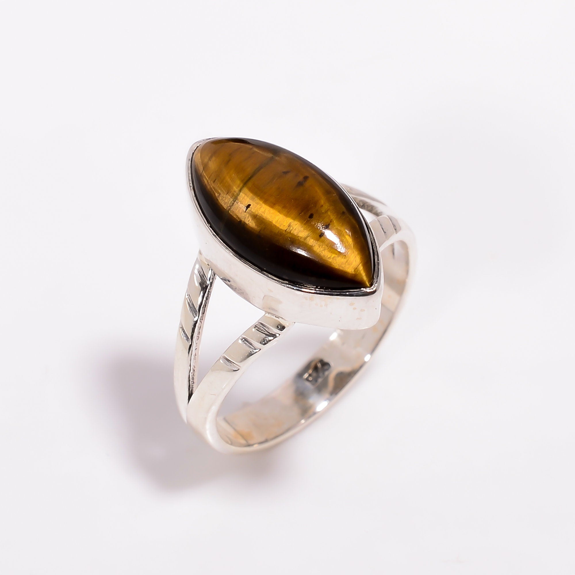 Tiger Eye Ring: Marquise Cabochon 925 Sterling Silver, Handmade