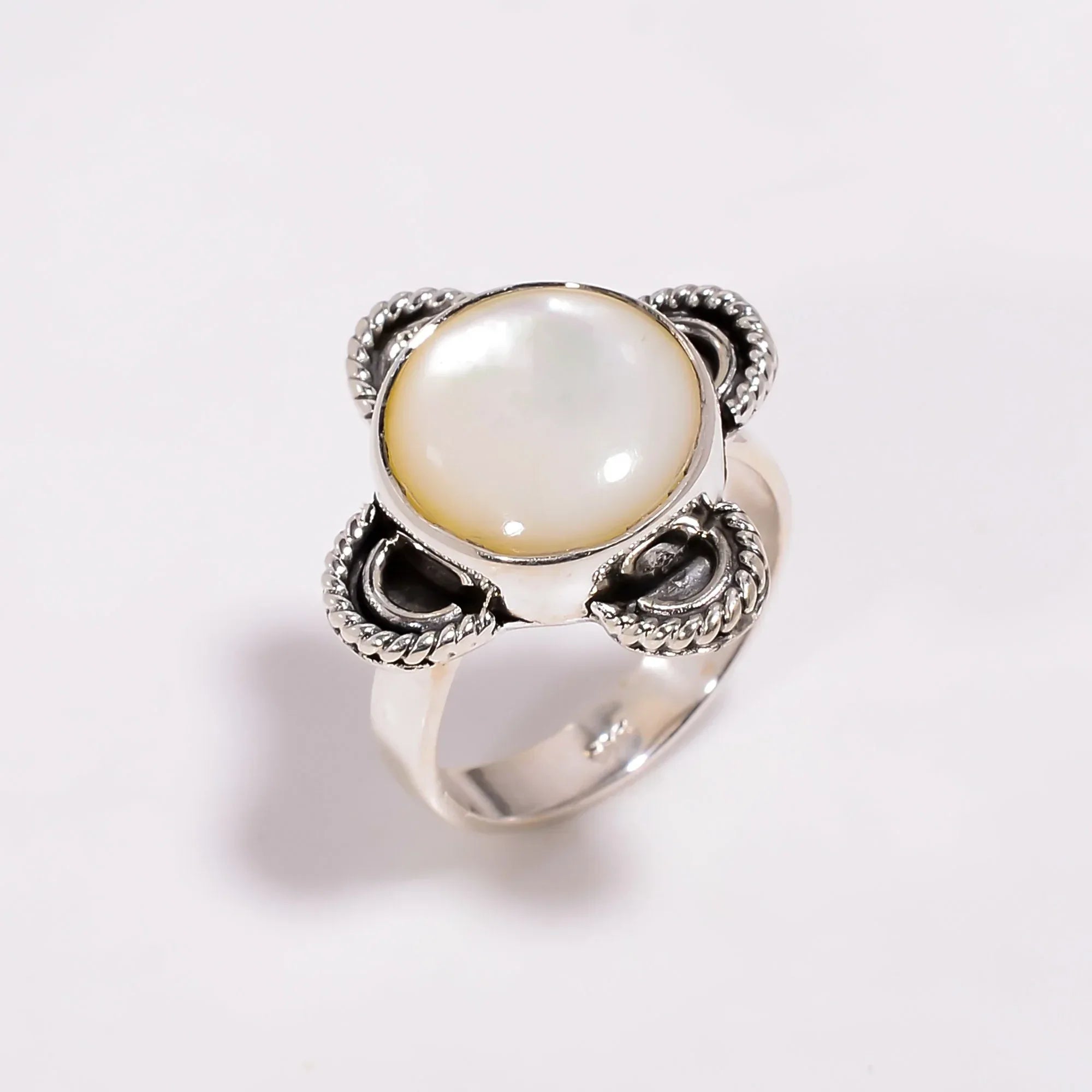Natural Pearl Sterling Silver Ring: Round Cabochon, Handmade Jewelry