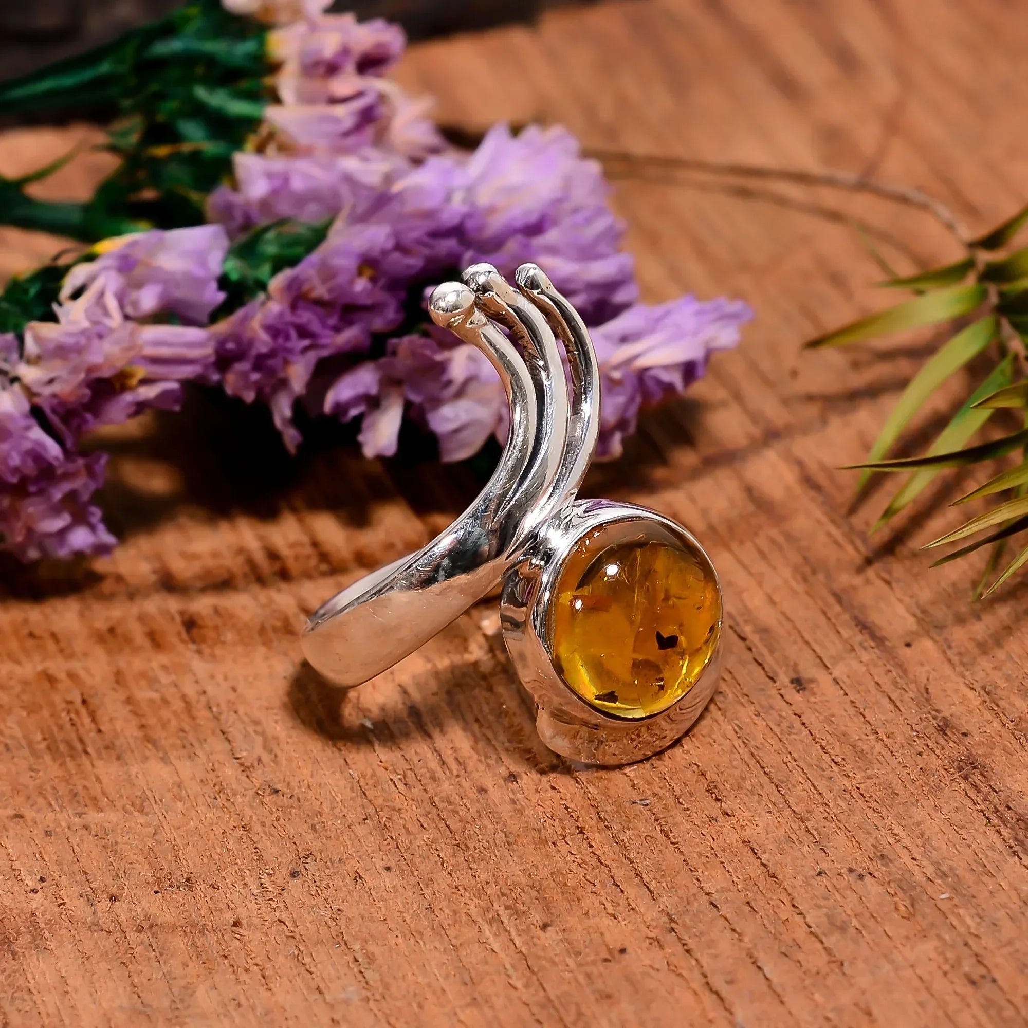 Baltic Amber Cabochon Ring: 925 Sterling Silver, Bohemian Jewelry