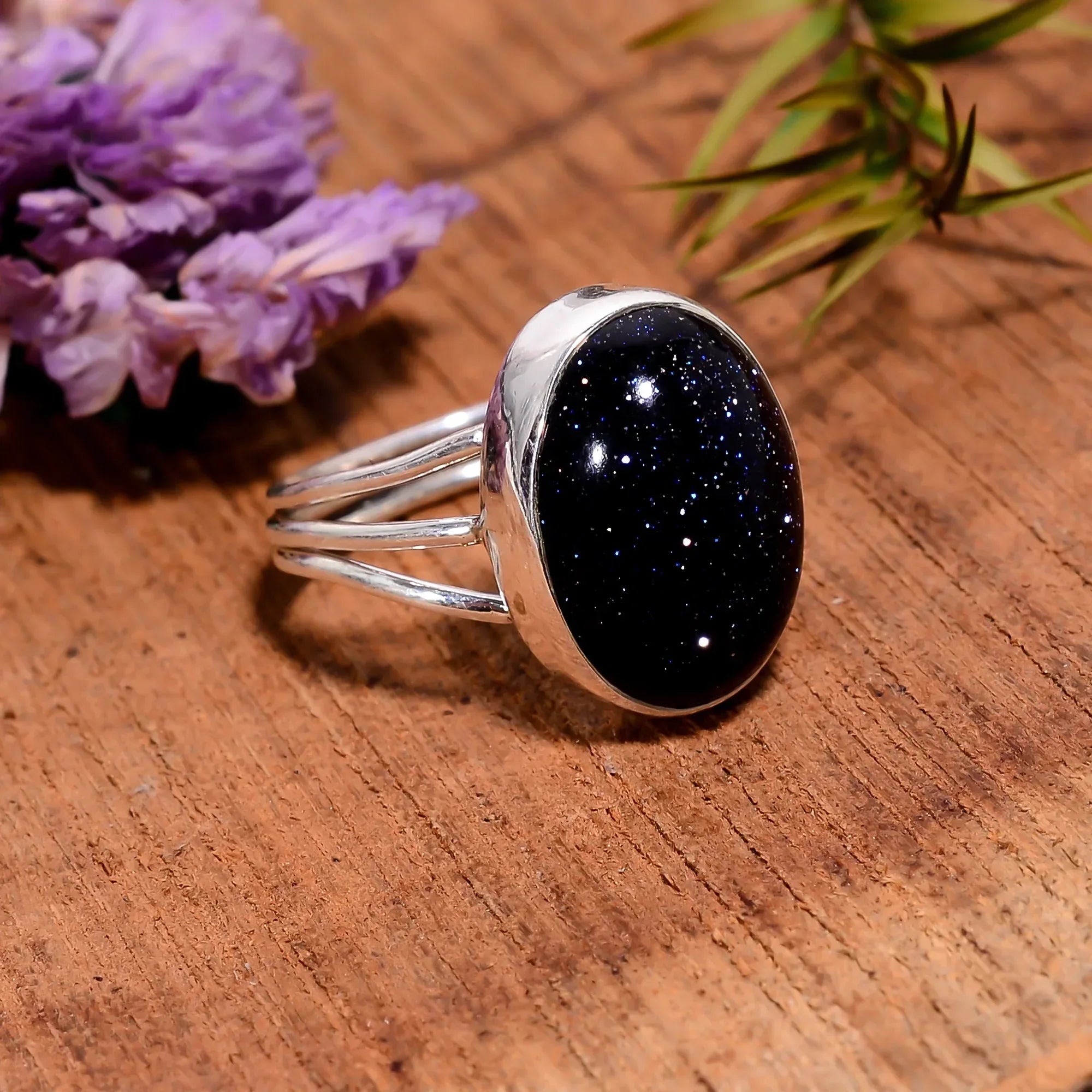 Blue Sunstone Ring: Oval Cabochon, 925 Sterling Silver