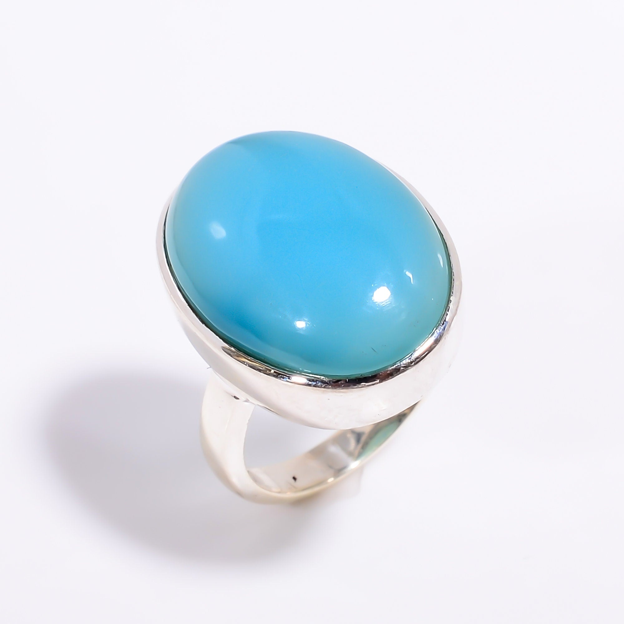 Natural Aqua Chalcedony Ring: Oval Cabochon, 925 Sterling Silver
