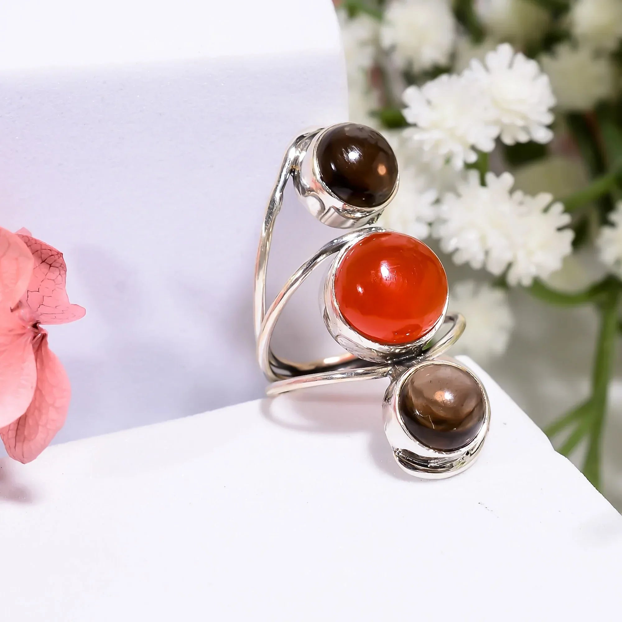 Smoky Quartz Carnelian Ring - Handmade Sterling Silver Gemstone Jewelry