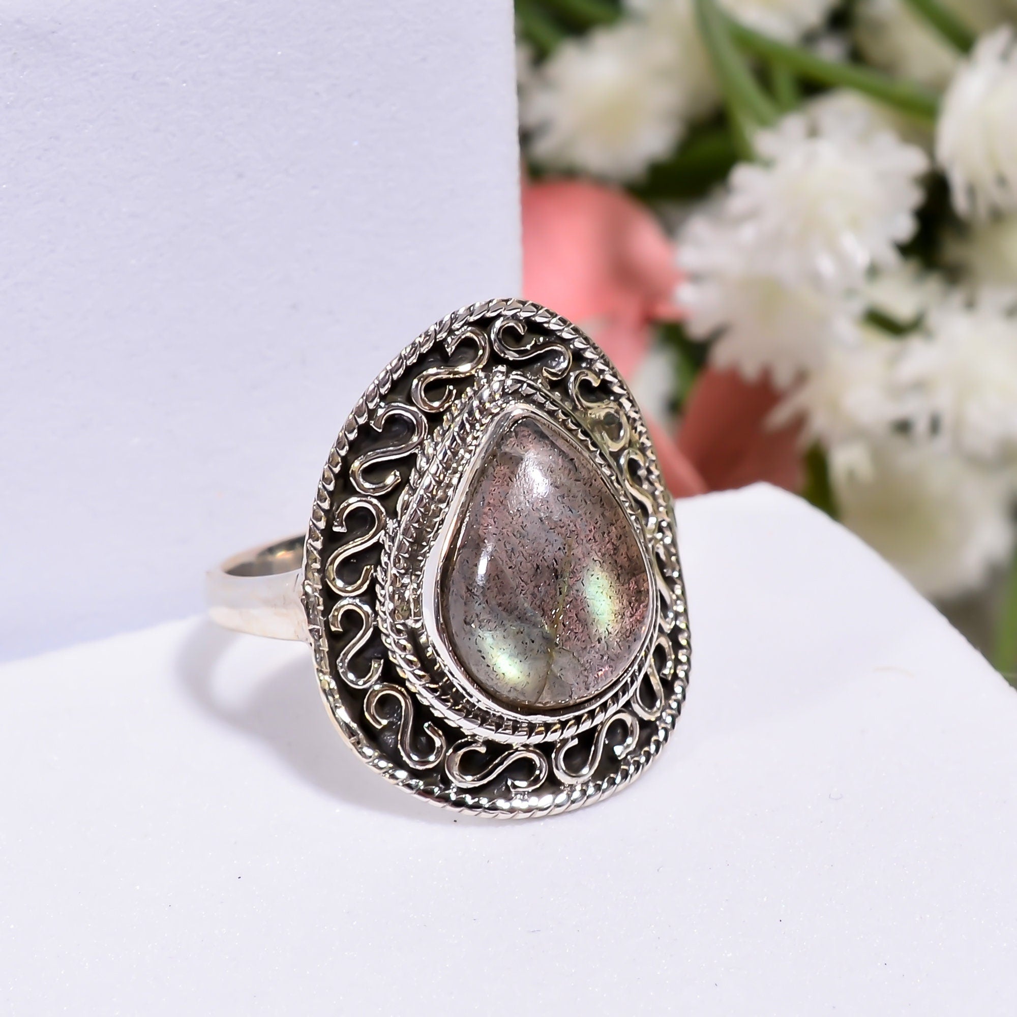 Pear Labradorite Ring: 925 Sterling Silver Handmade Gemstone Jewelry