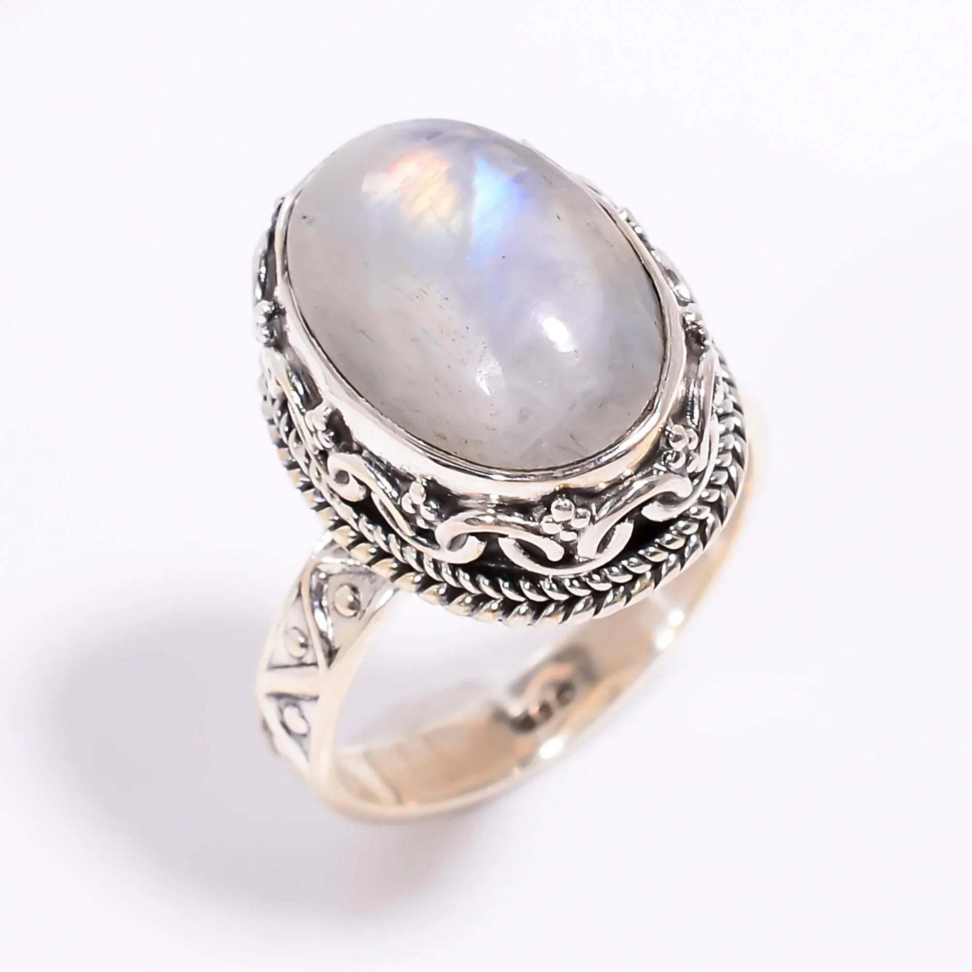Rainbow Moonstone Ring: Oval Cabochon, 925 Sterling Silver, Handmade
