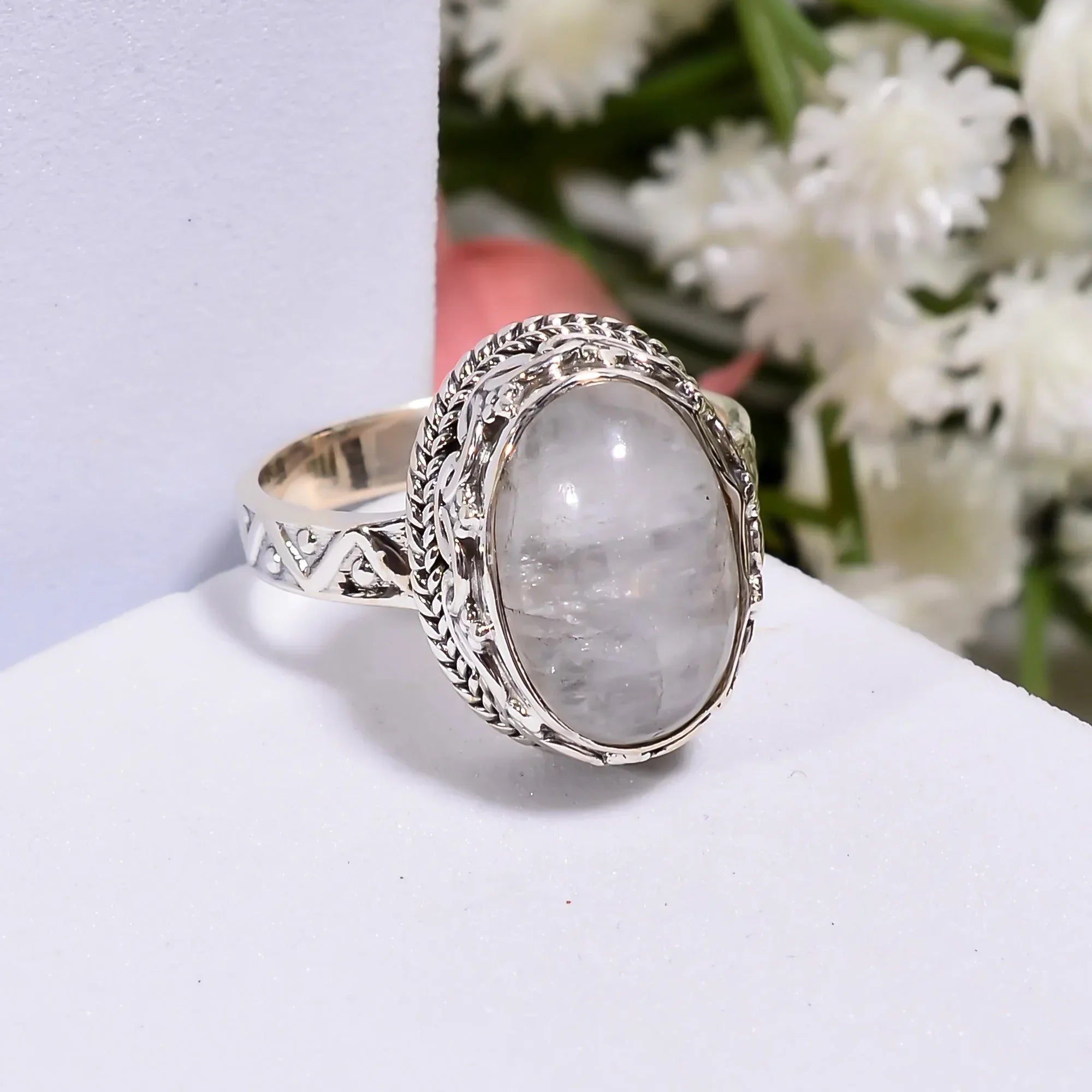 Natural Moonstone Ring: Oval Cabochon 925 Sterling Silver, June Birthstone