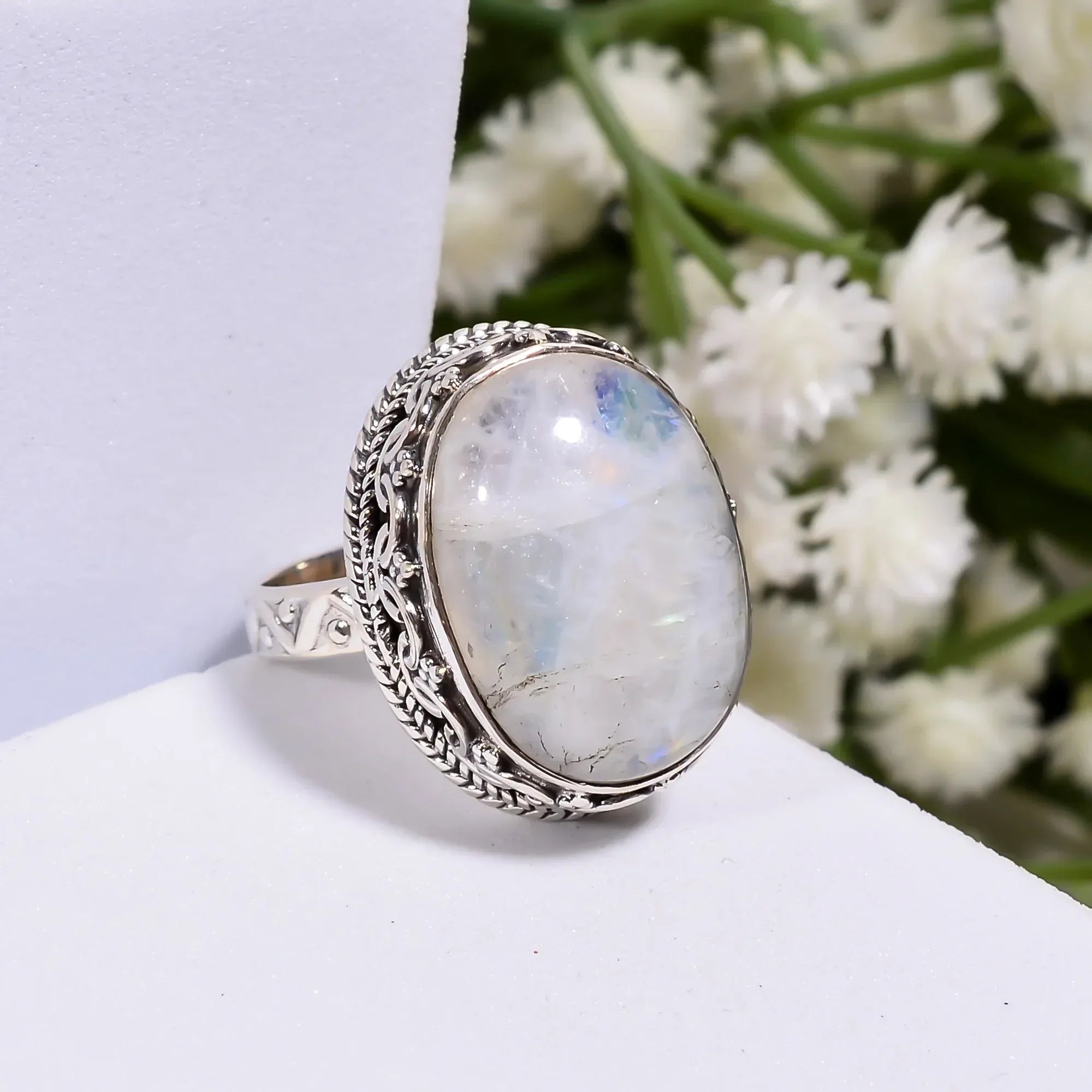 Rainbow Moonstone Ring: Oval Sterling Silver Boho Jewelry