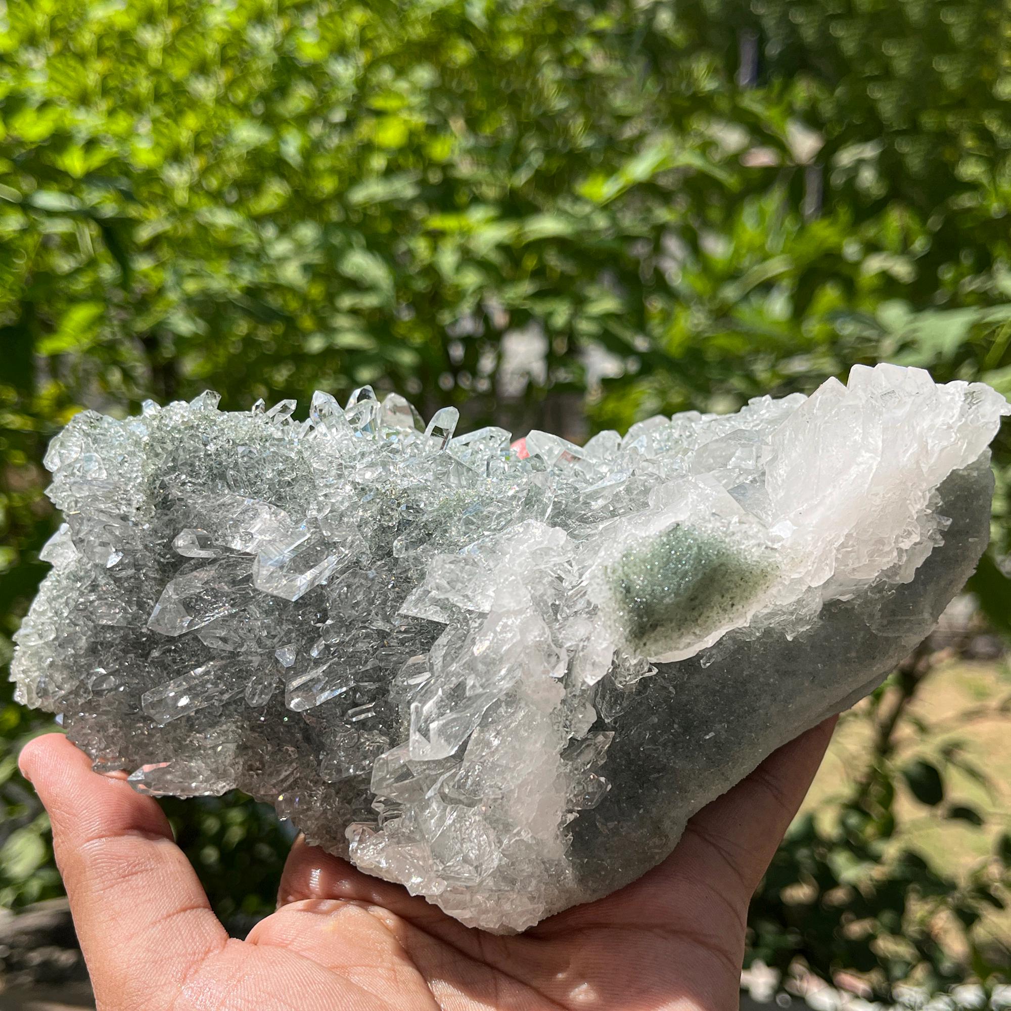 Natural Green Chlorite Quartz Cluster Rough Himalayan Quartz Crystal Specimen from India, Unique Mineral Structure Cluster