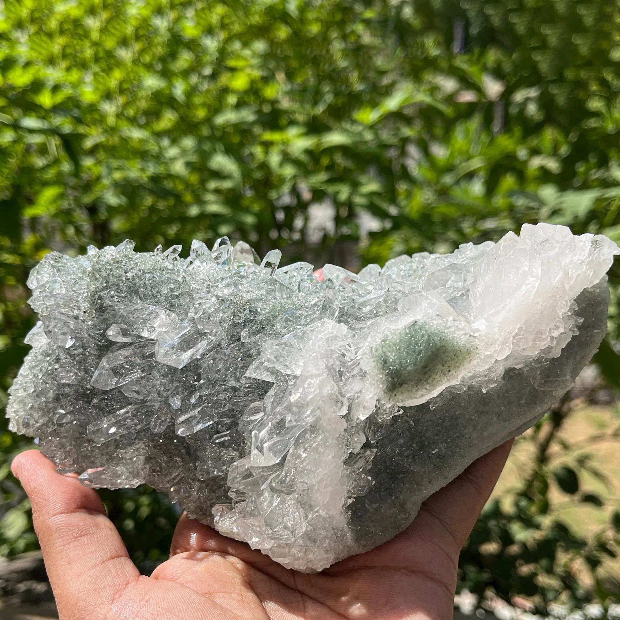 Natural Green Chlorite Quartz Cluster Rough Himalayan Quartz Crystal Specimen from India, Unique Mineral Structure Cluster Himalayan Quartz