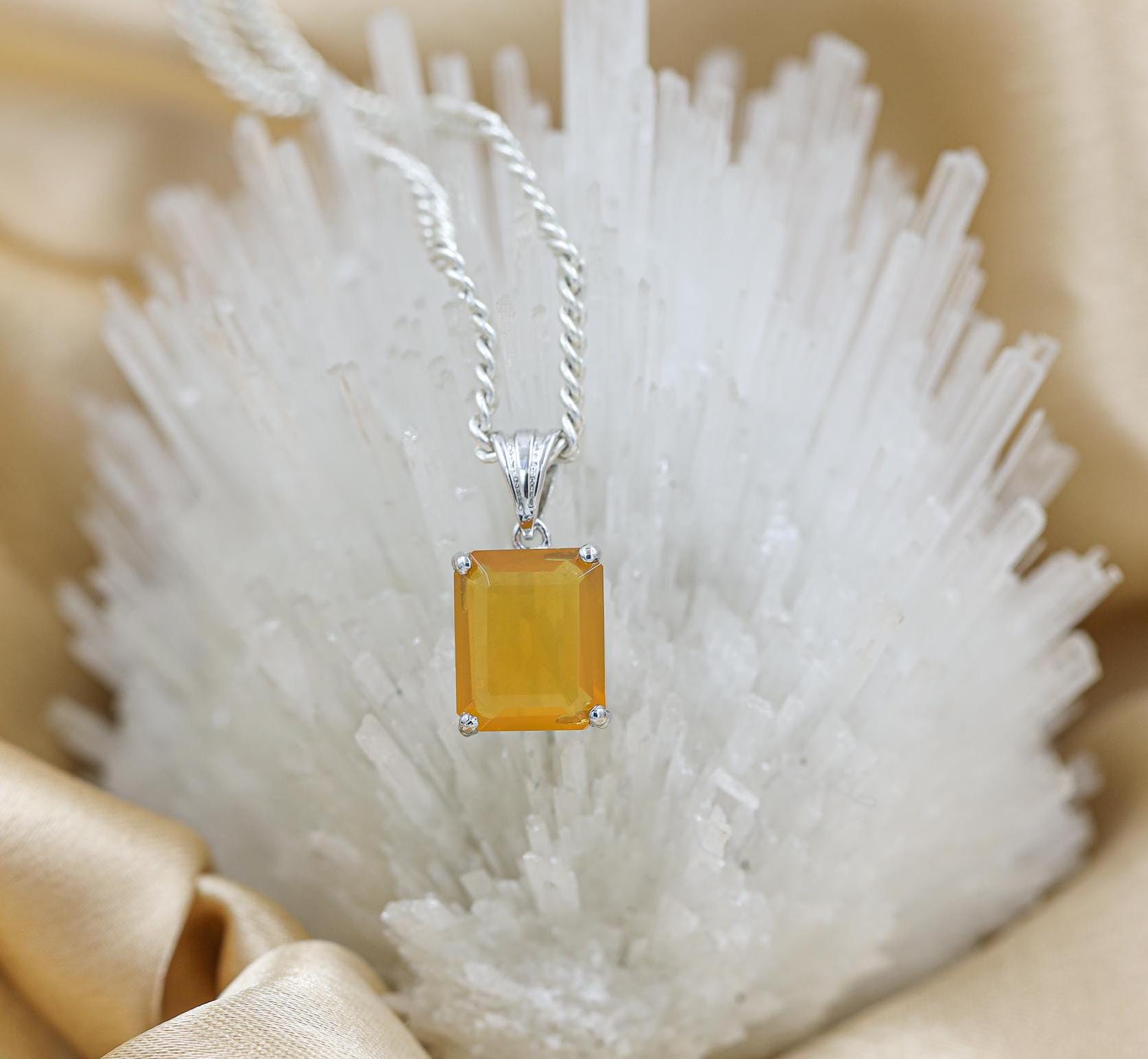 Mexican Fire Opal Sterling Silver Necklace: Octagon Gemstone, October Birthstone