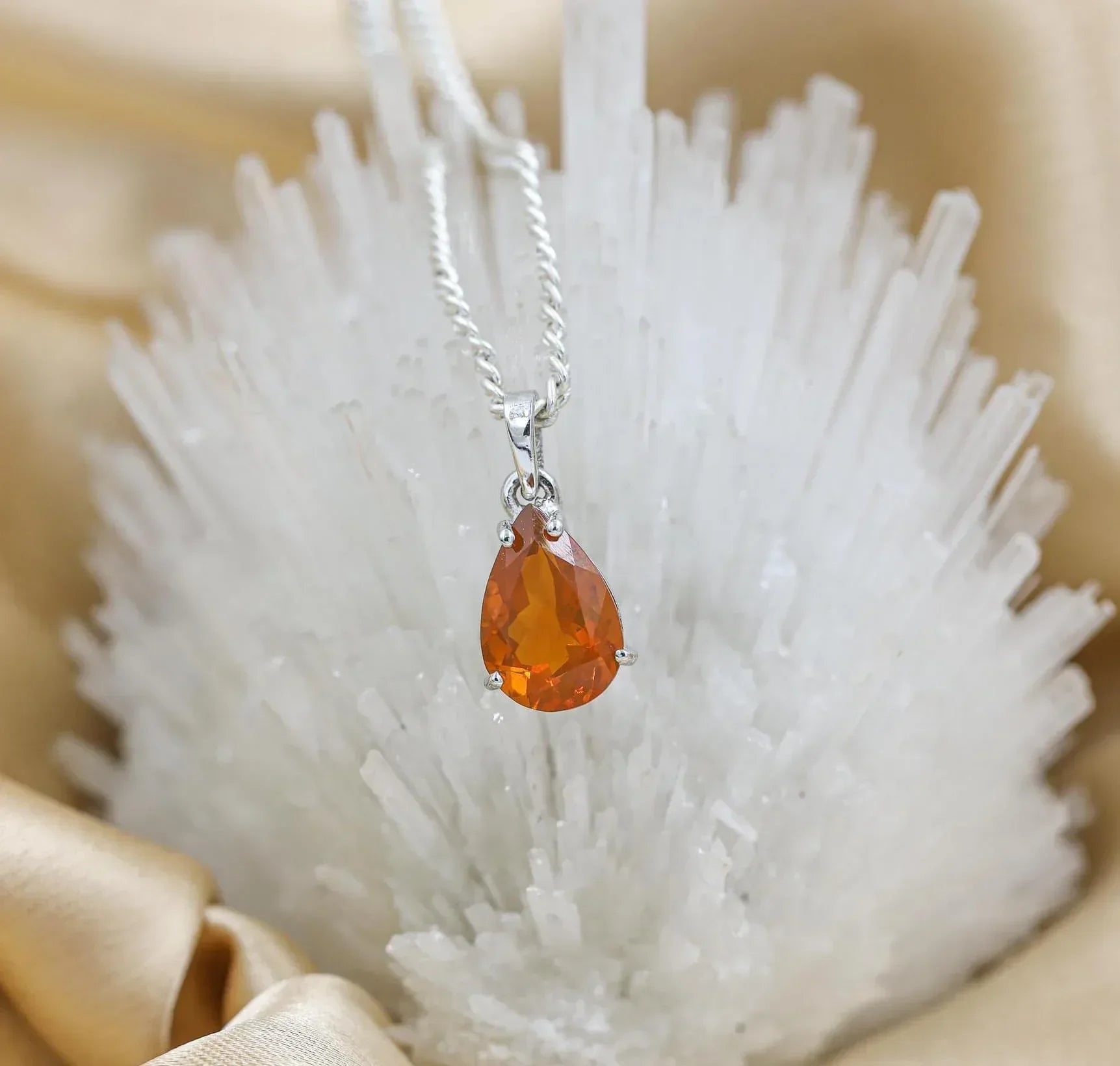 Pear Faceted Mexican Fire Opal Pendant Necklace: Sterling Silver